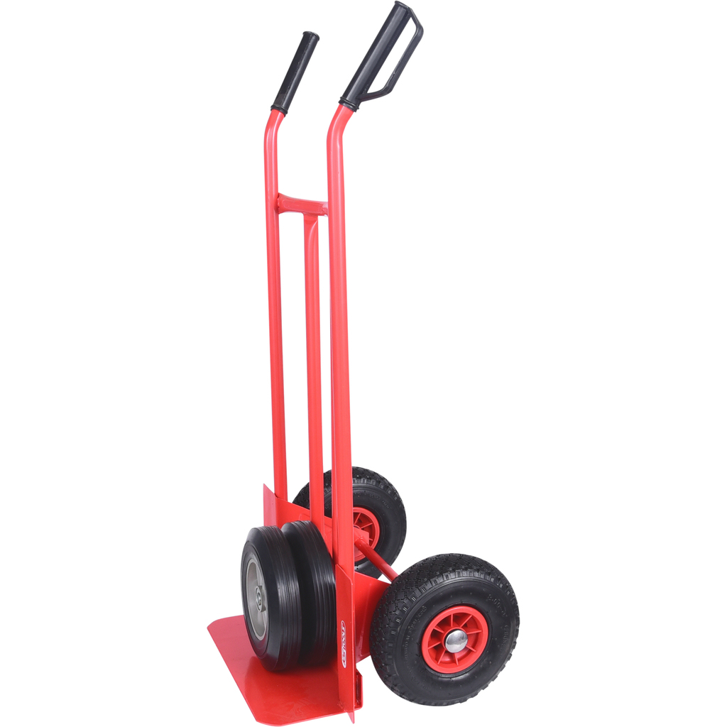 Roter Handwagen mit zwei großen Rädern, einer flachen Basis und einem Griff zum Transportieren.