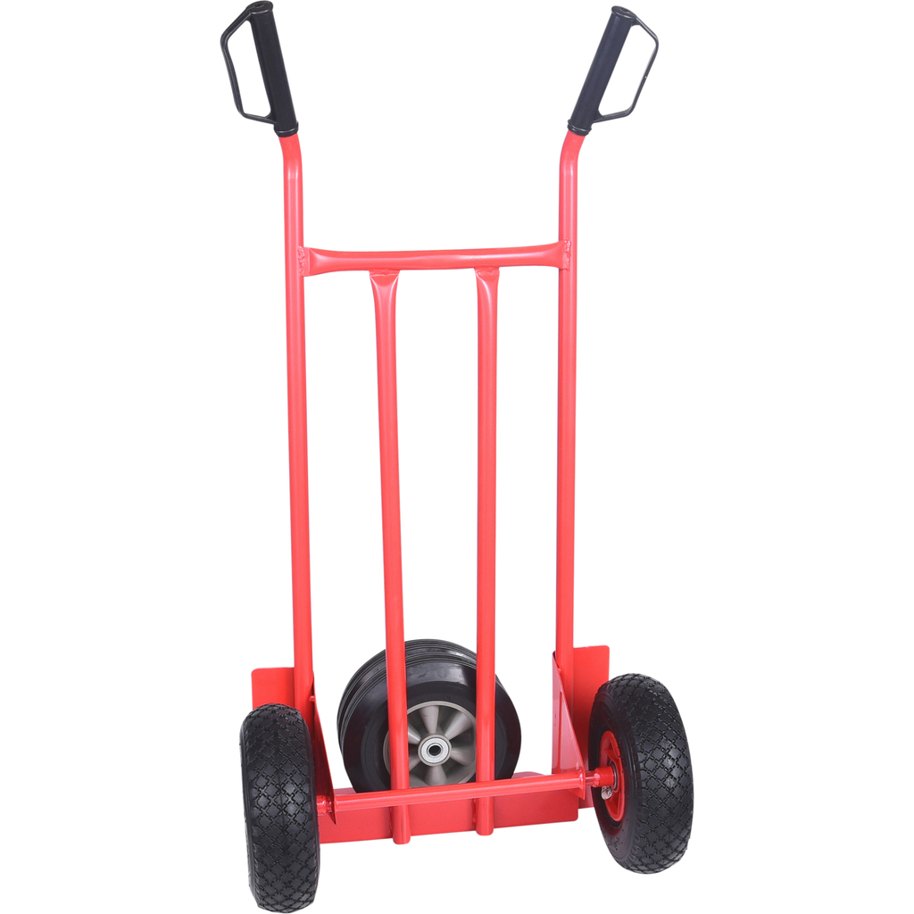 Ein roter Handwagen mit zwei schwarzen Griffen, drei roten Stangen und zwei Rädern.