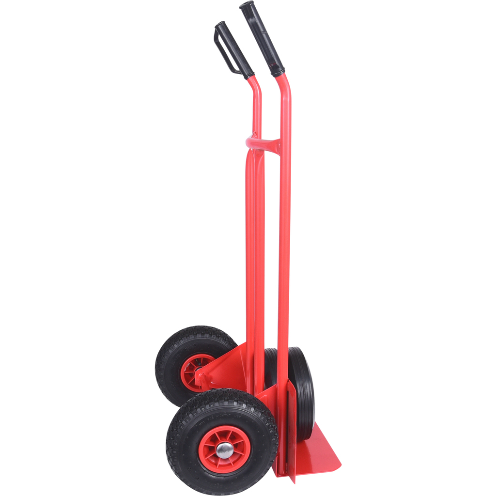Roter Handwagen mit zwei Rädern und schwarzen Griffen.