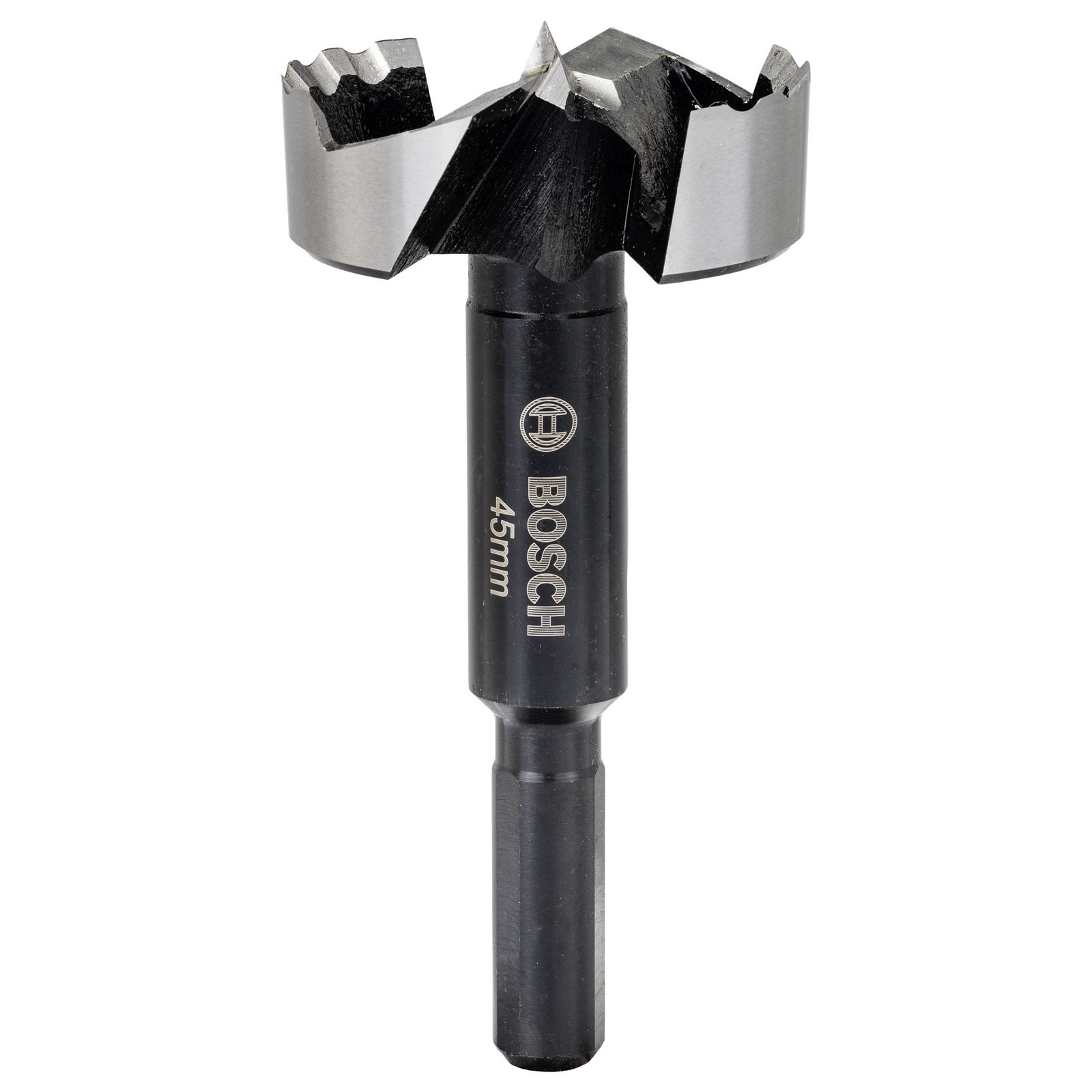 Punta da trapano nera con logo Bosch. Ha un gambo cilindrico e una testa di taglio.