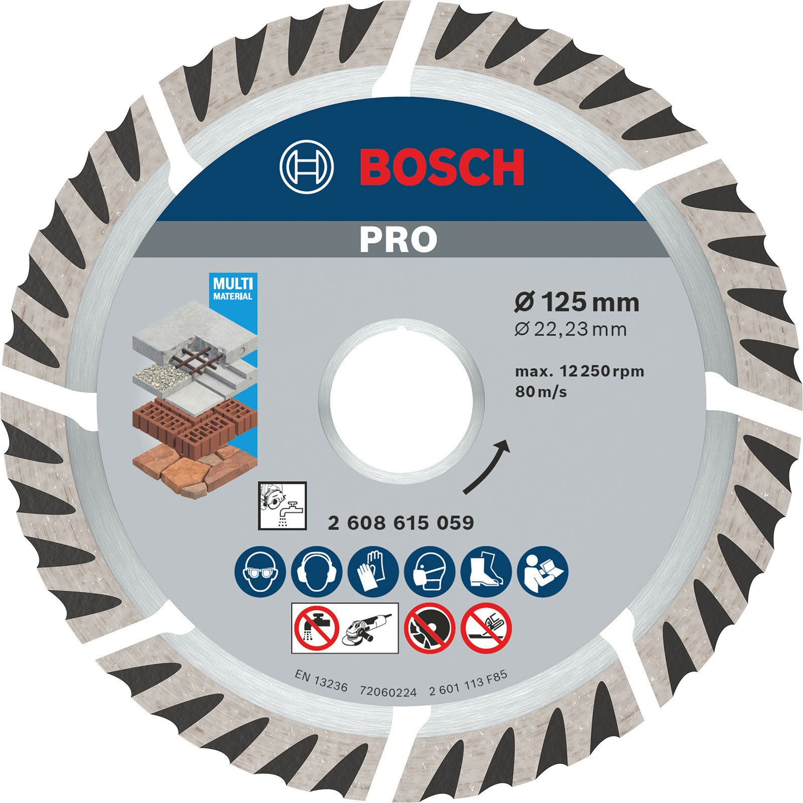 Bosch logosu ve metni olan daire testere bıçağı. Siyah dişli gümüş gövdeye sahiptir.
