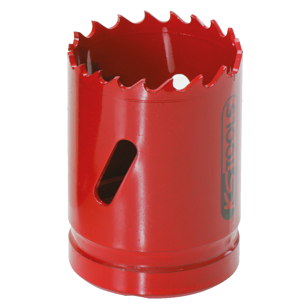 Czerwona piła otwornica z ząbkowanymi zębami. Ma kształt cylindryczny i logo KS TOOLS.