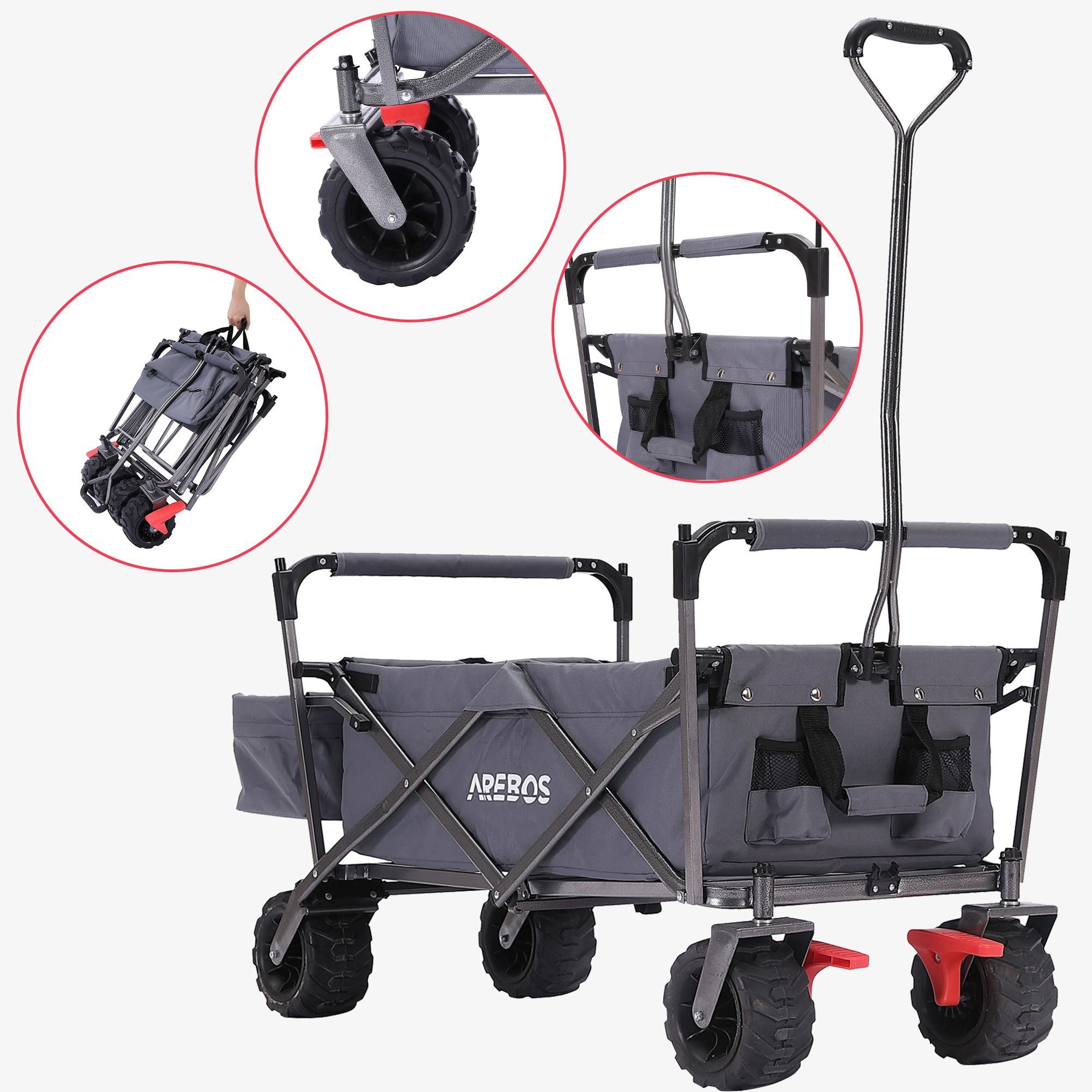 Grauer Klappwagen mit großen Rädern. Er hat Seiten- und Vordertaschen.
