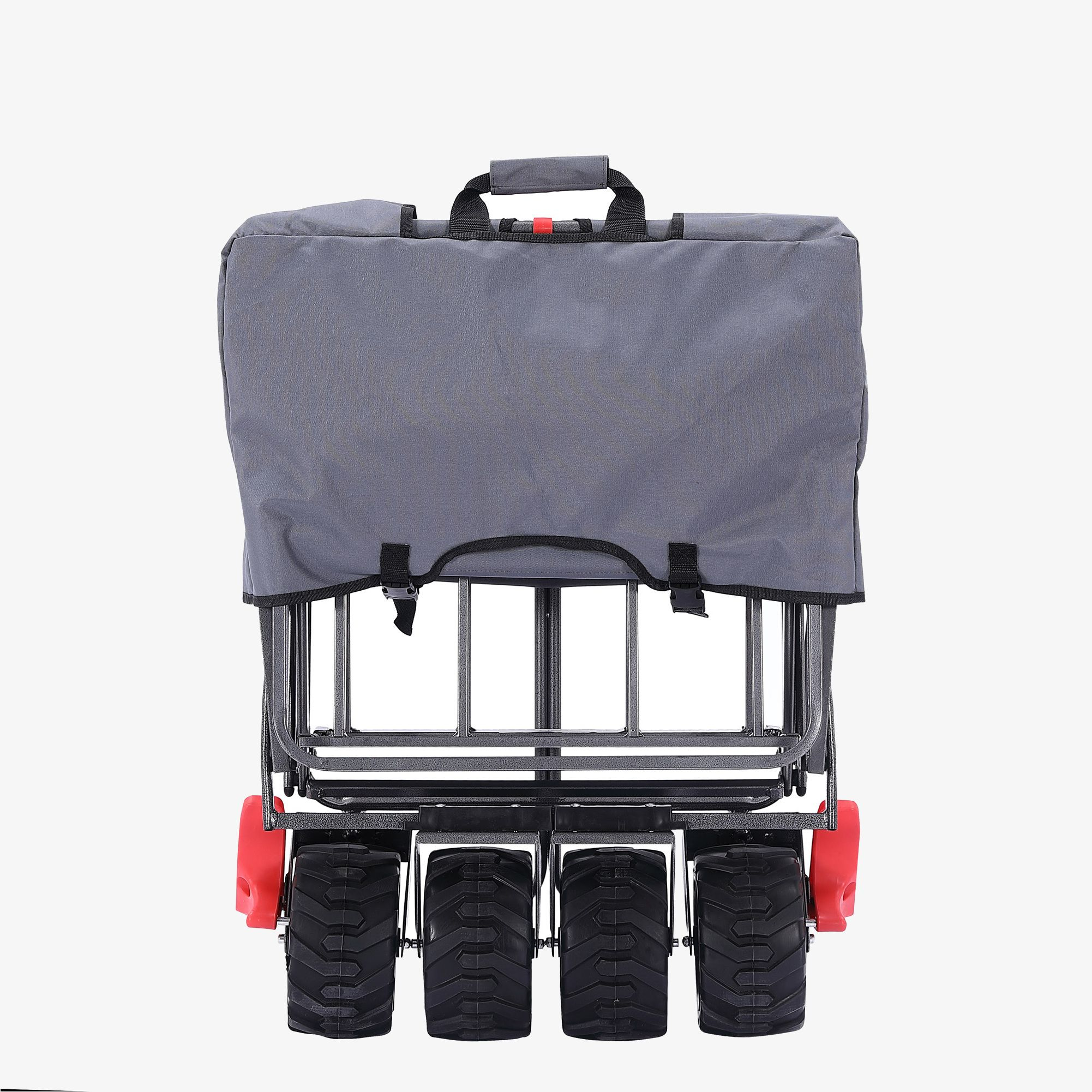 Ein grauer Wagen mit grauem Bezug und roten Rädern. Der Wagen ist leer.