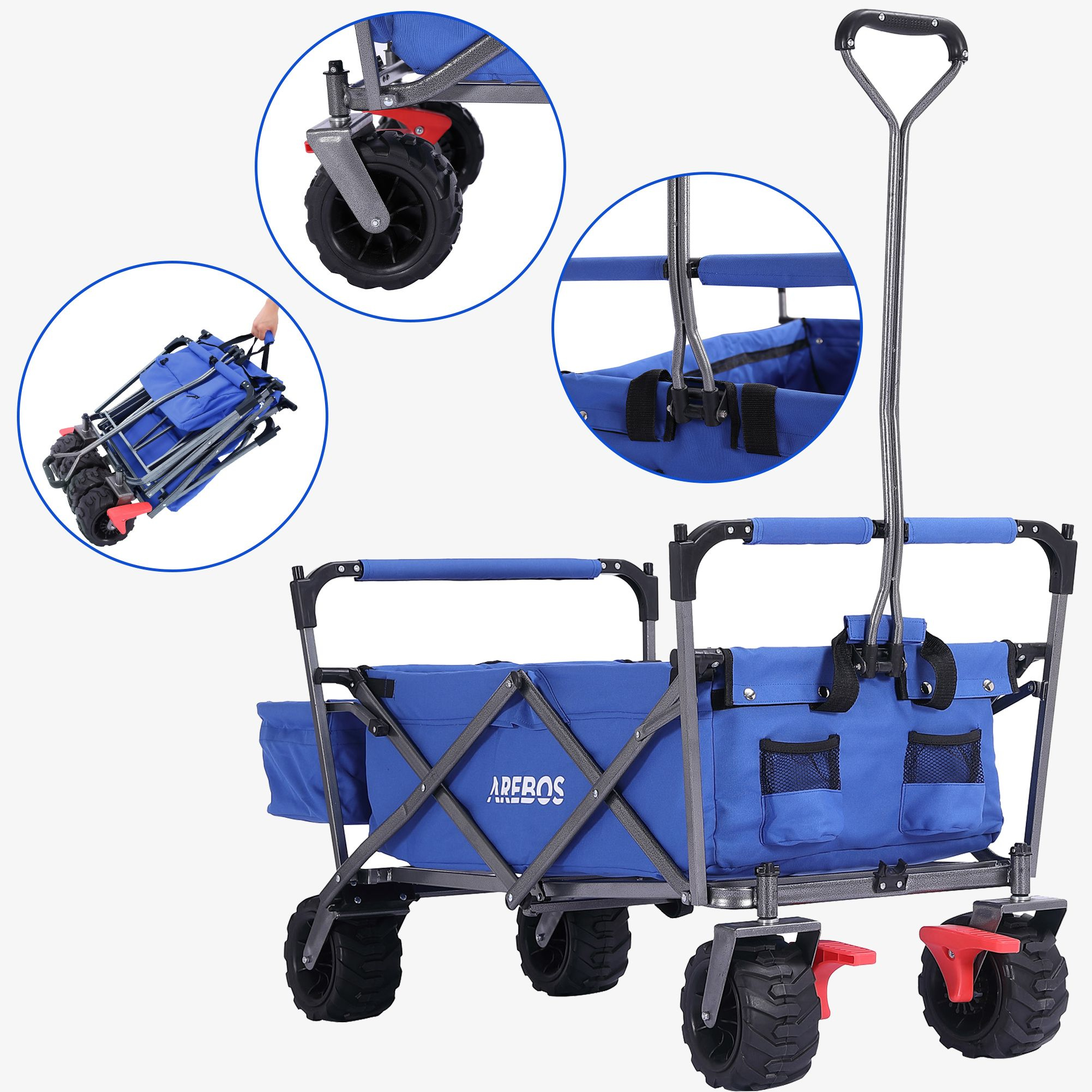 Ein blauer Transportwagen mit Falt-Design und Nahaufnahmen der Räder und des Faltmechanismus.