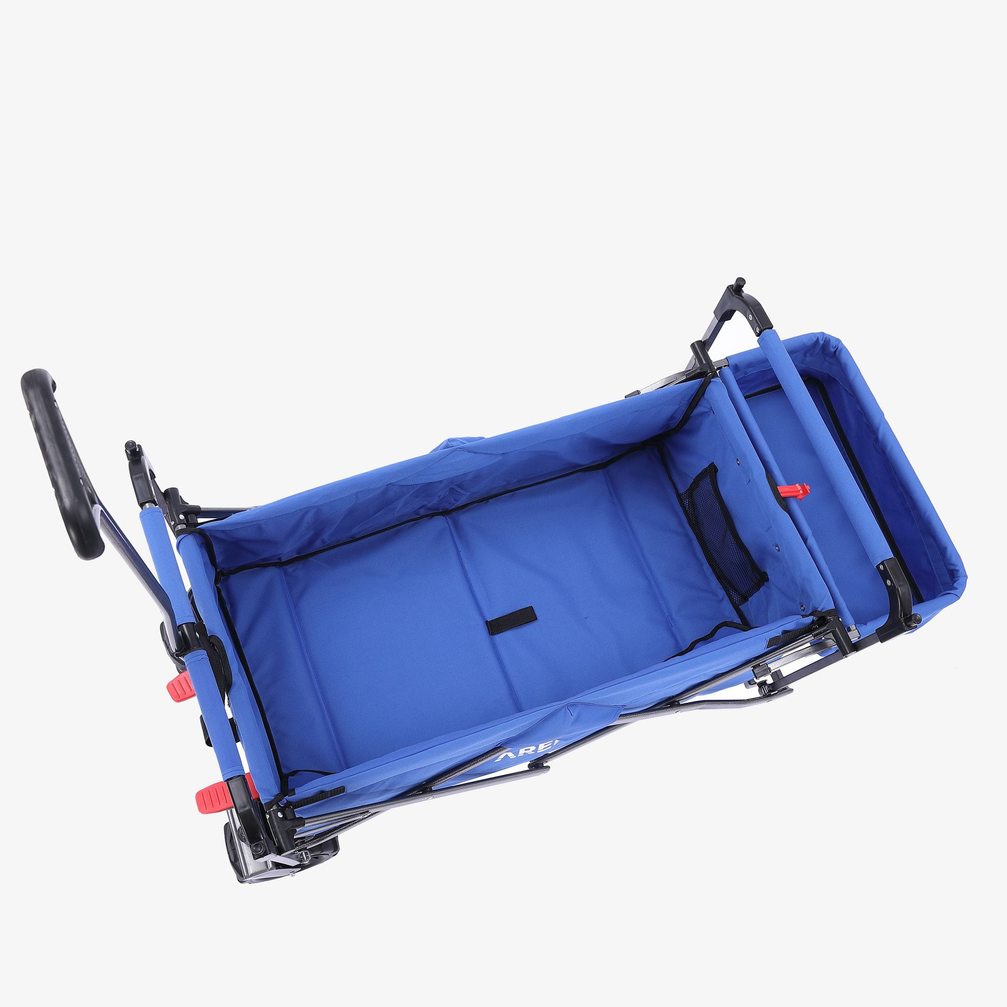 Ein blauer Transportwagen mit offenem Innenraum. Er hat ein schwarzes Gestell, einen Griff und rote Akzente an den Rädern.
