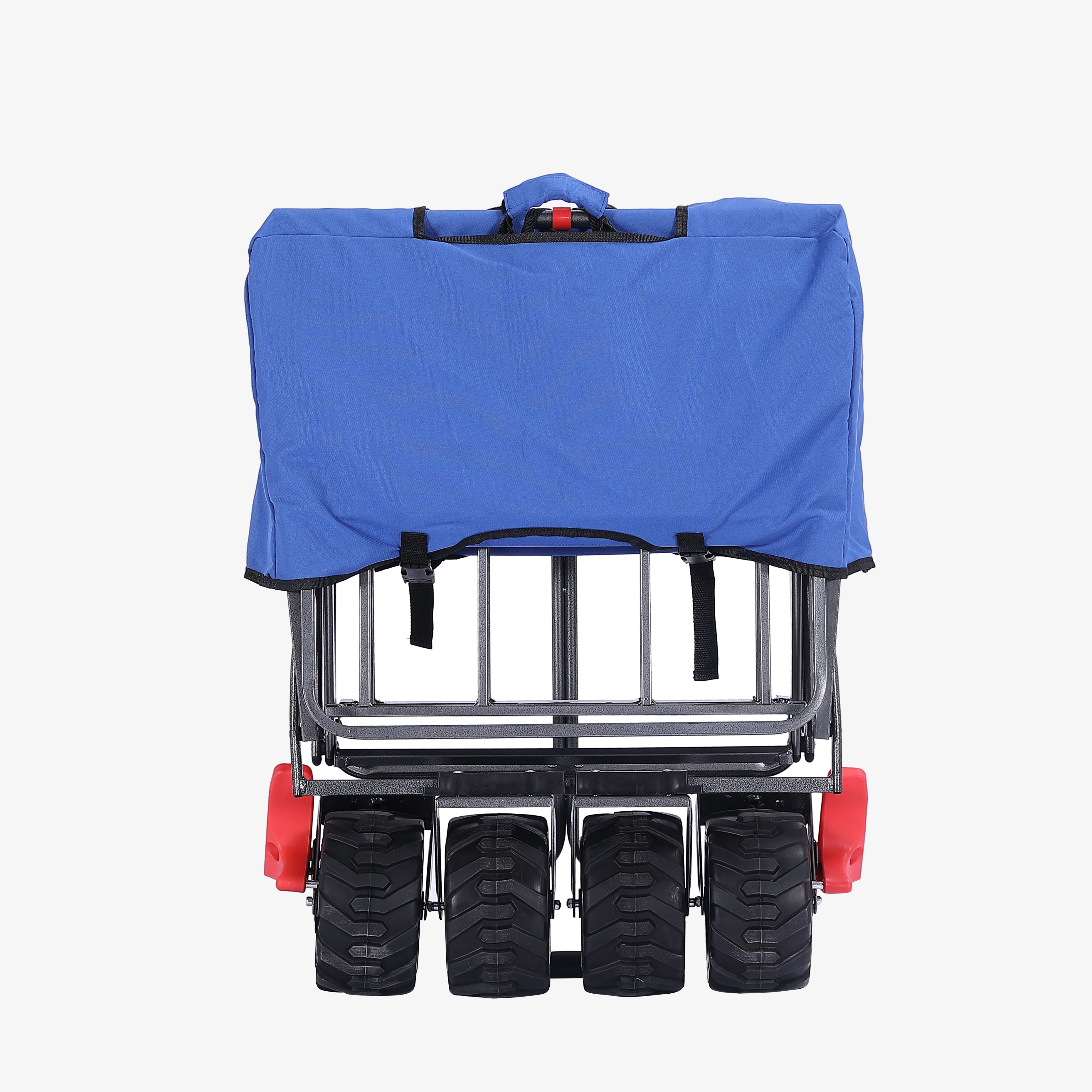 Blauer Wagen mit schwarzen Rädern, roten Akzenten und einem Griff.