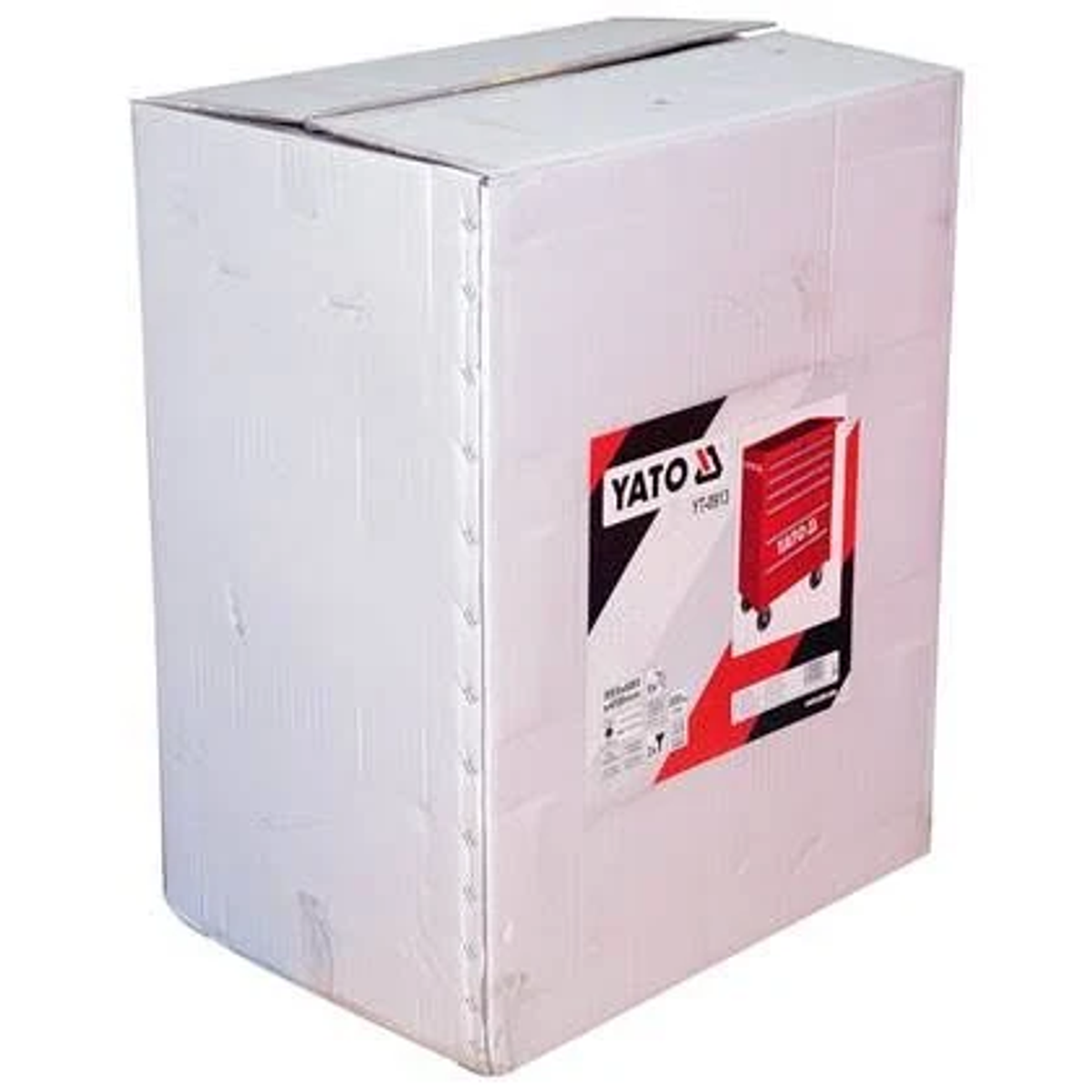 Caja de cartón blanca con una pegatina de YATO en el frente, que muestra un carro de herramientas rojo.