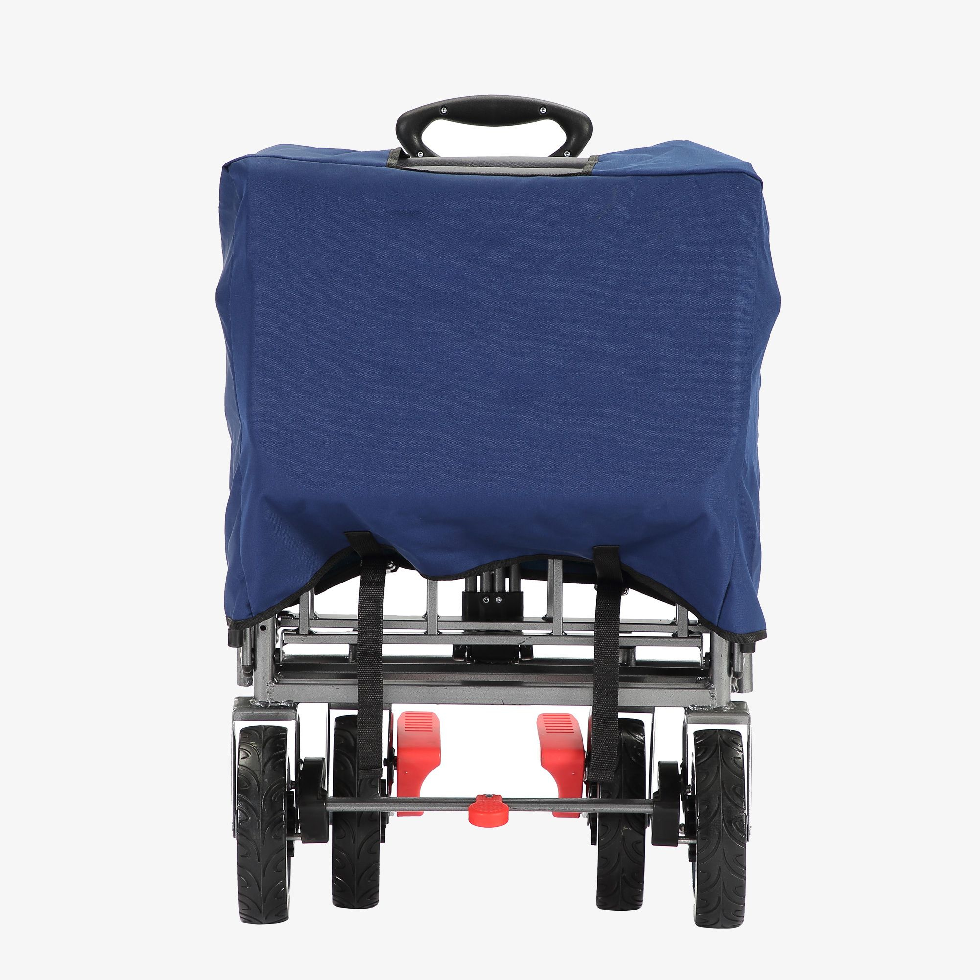 Ein blauer Einkaufswagen mit dunkler blauer Abdeckung, von hinten gesehen, isoliert auf Weiß.