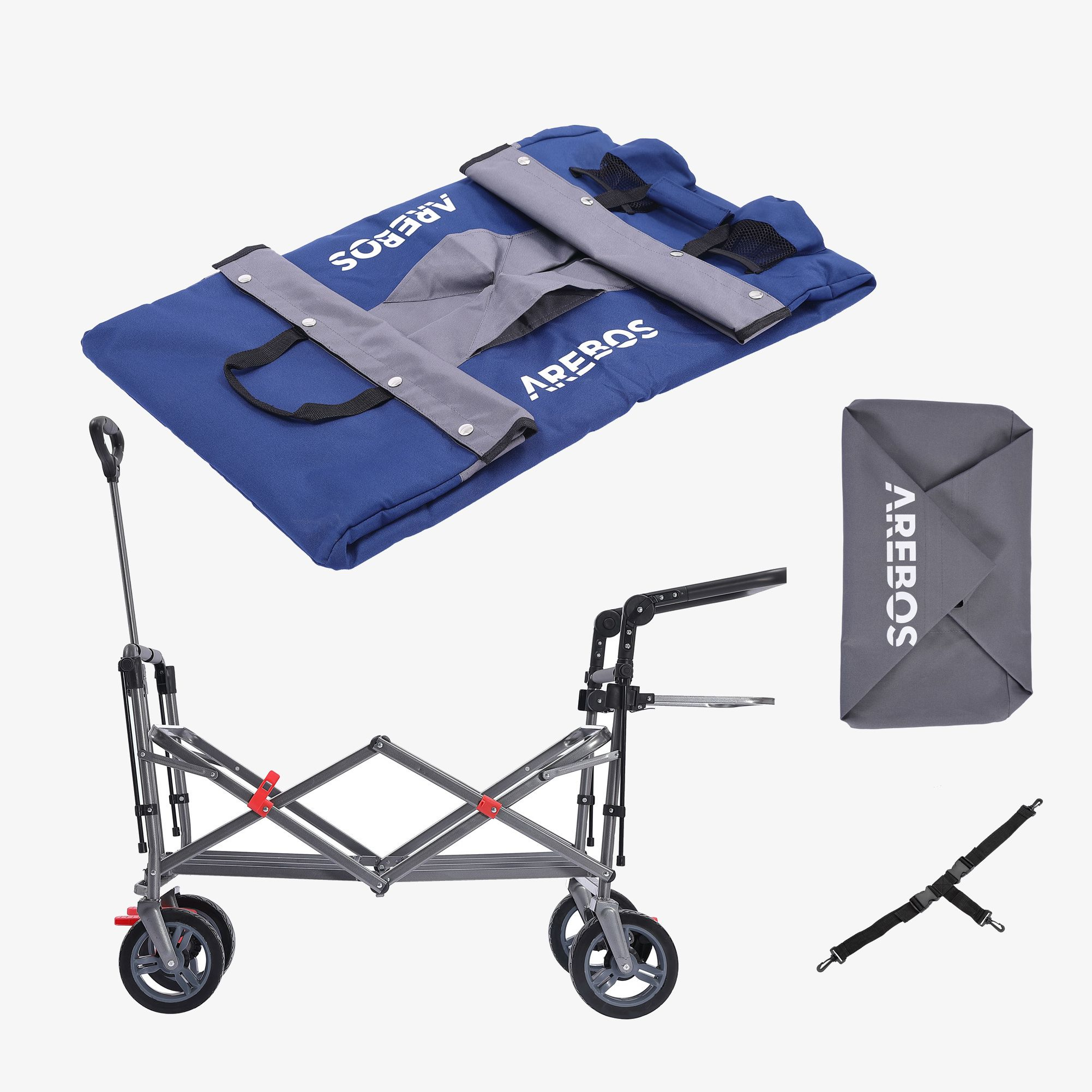 Zusammenklappbarer Transportwagen und Zubehör, blaue Tasche, graue Gurte und Tasche, und grauer Wagen.
