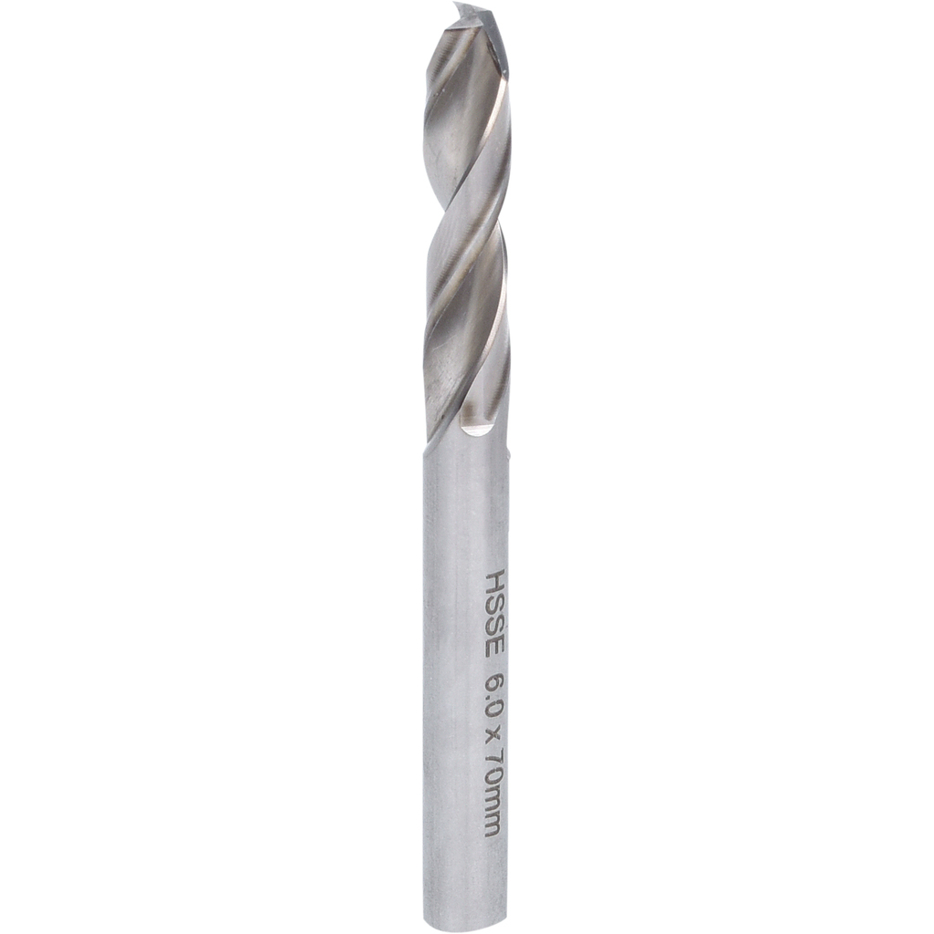 Una punta da trapano a forma di spirale. Ha marcature HSSE 6.0 x 70mm.