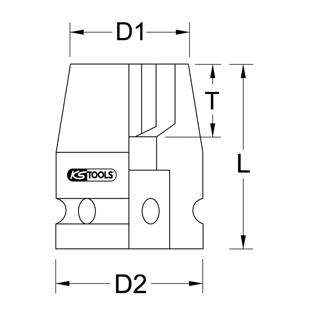 Technische Zeichnung eines Steckschlüssels. Beschriftungen für Maße: D1, D2, T und L.