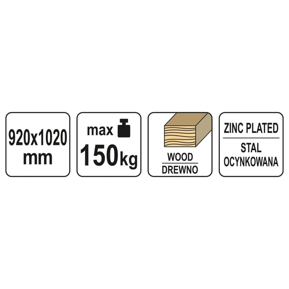 Una etiqueta con dimensiones y detalles. Incluye dimensiones, peso, tipo de madera y material.