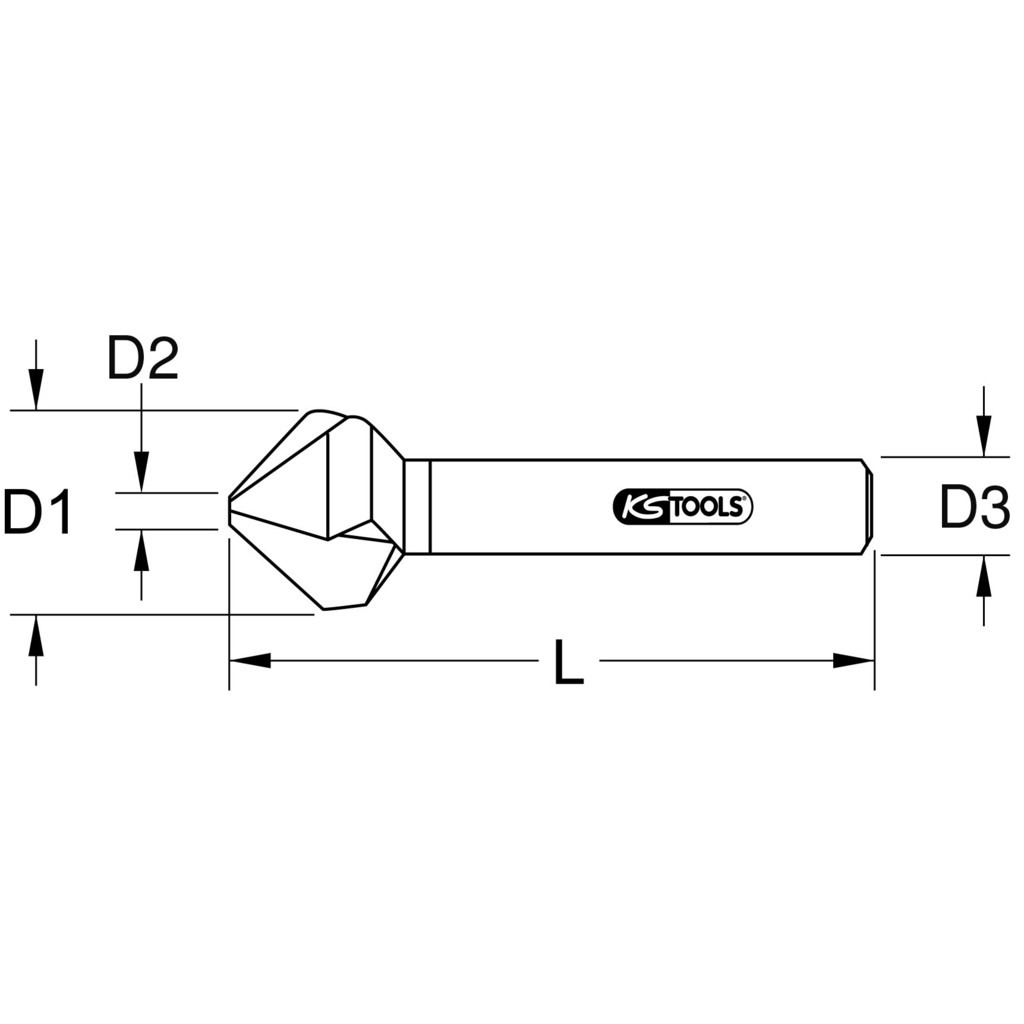 Wiertło stożkowe z wymiarami: D1, D2, D3 i L. Wiertło posiada logo KS TOOLS.