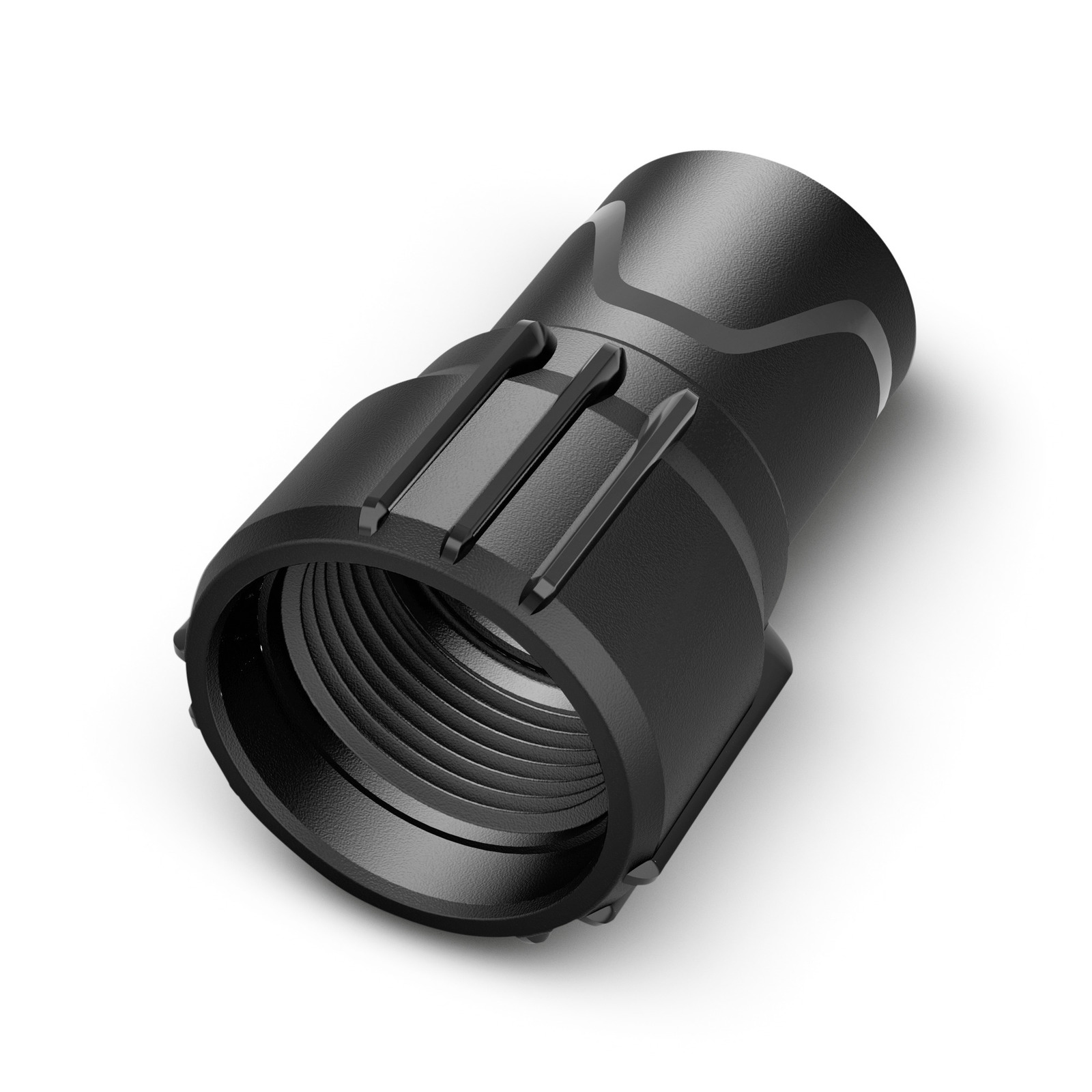 Czarny łącznik węża z grzbietami i kątową końcówką na białym tle.