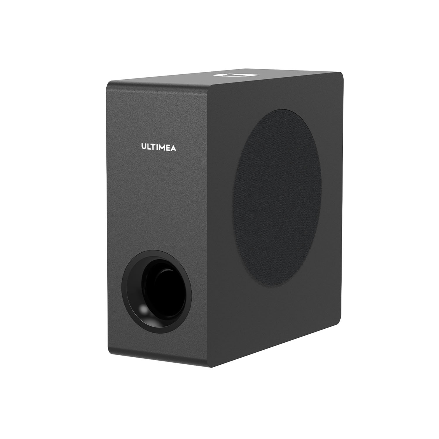 Dunkelgrauer Ultimea-Subwoofer mit Frontanschluss und großem Lautsprecher.