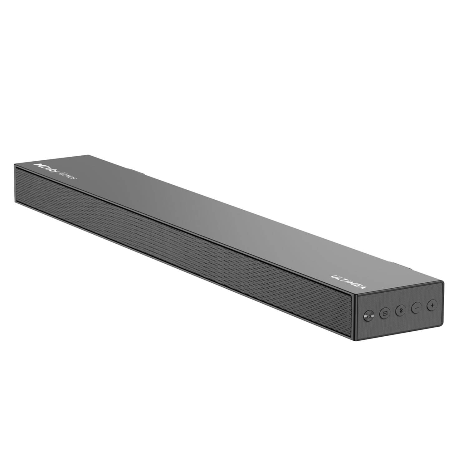 Dunkelgraue Soundbar-Lautsprecher mit abgerundeten Kanten und Stoffgitter.