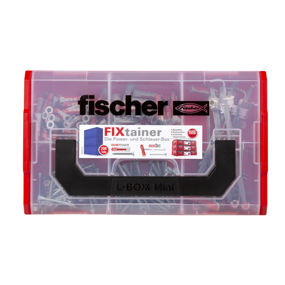 Transparante plastic gereedschapskist met rood deksel. Bevat schroeven, pluggen en hardware.