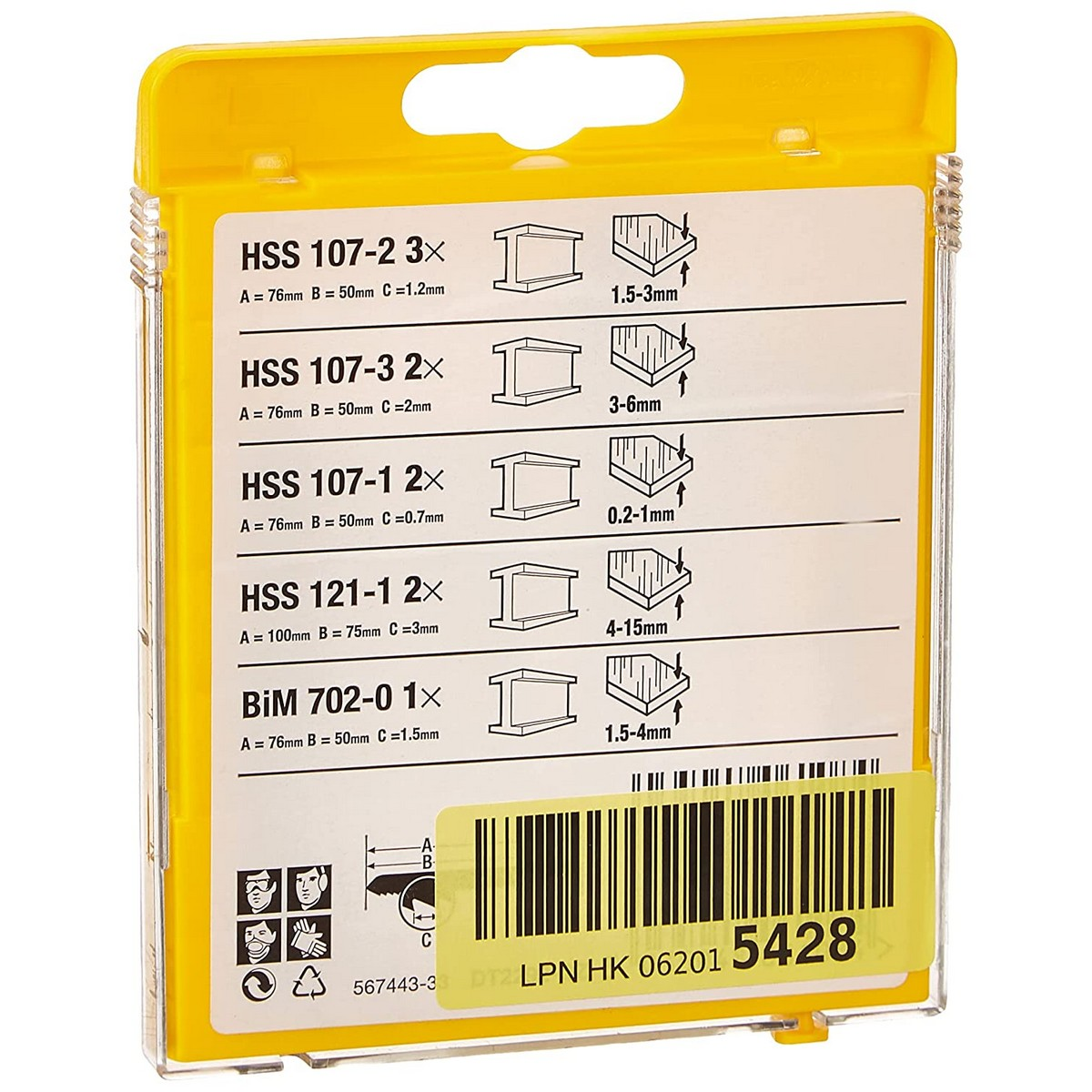 Details auf einer Packung Sägeblätter mit Diagrammen.