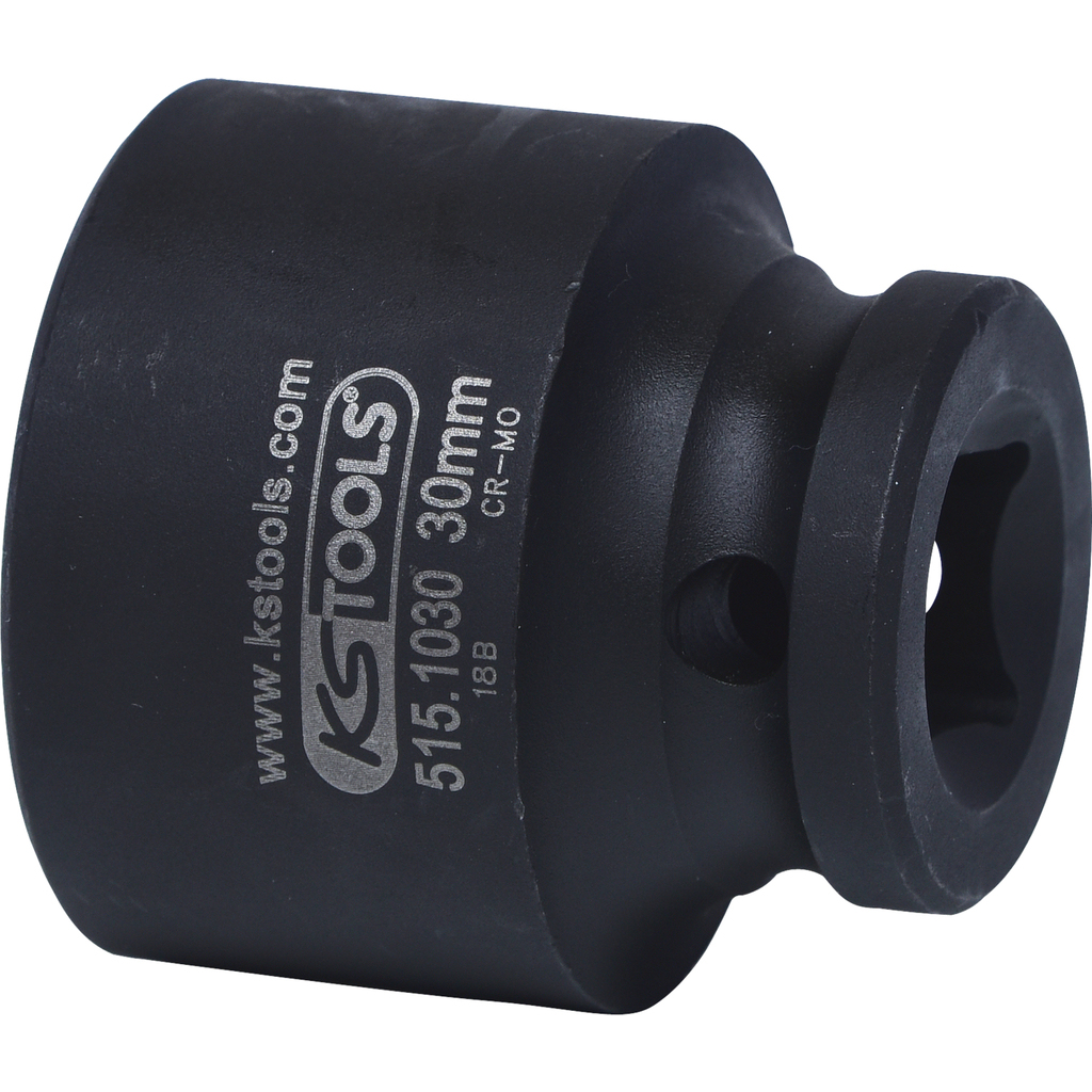 Schwarzer Steckschlüssel mit quadratischer Öffnung. Die Marke ist KS TOOLS. Die Größe ist 30 mm.