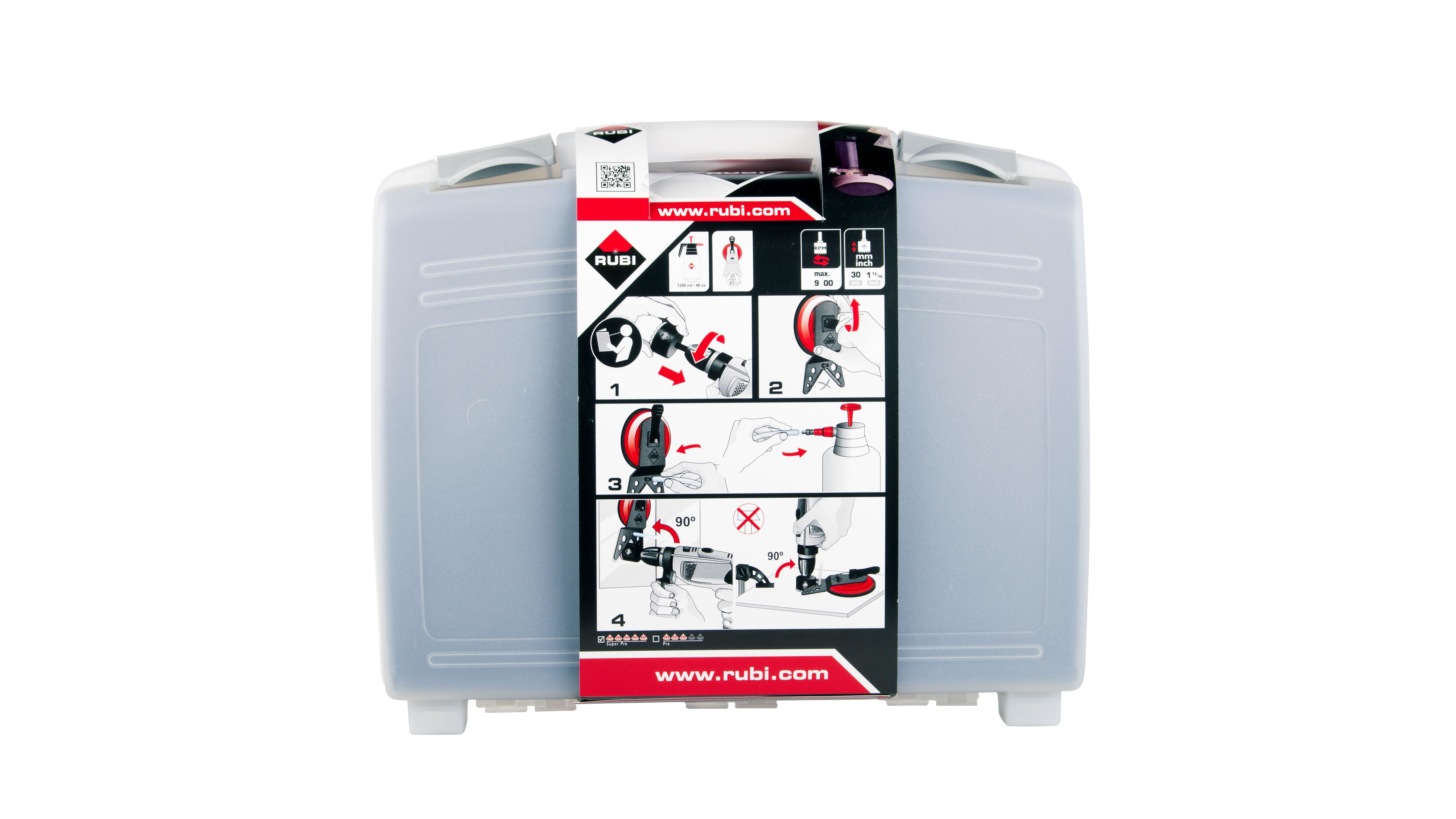 Caja transparente con instrucciones en la parte trasera, mostrando instrucciones de perforación.