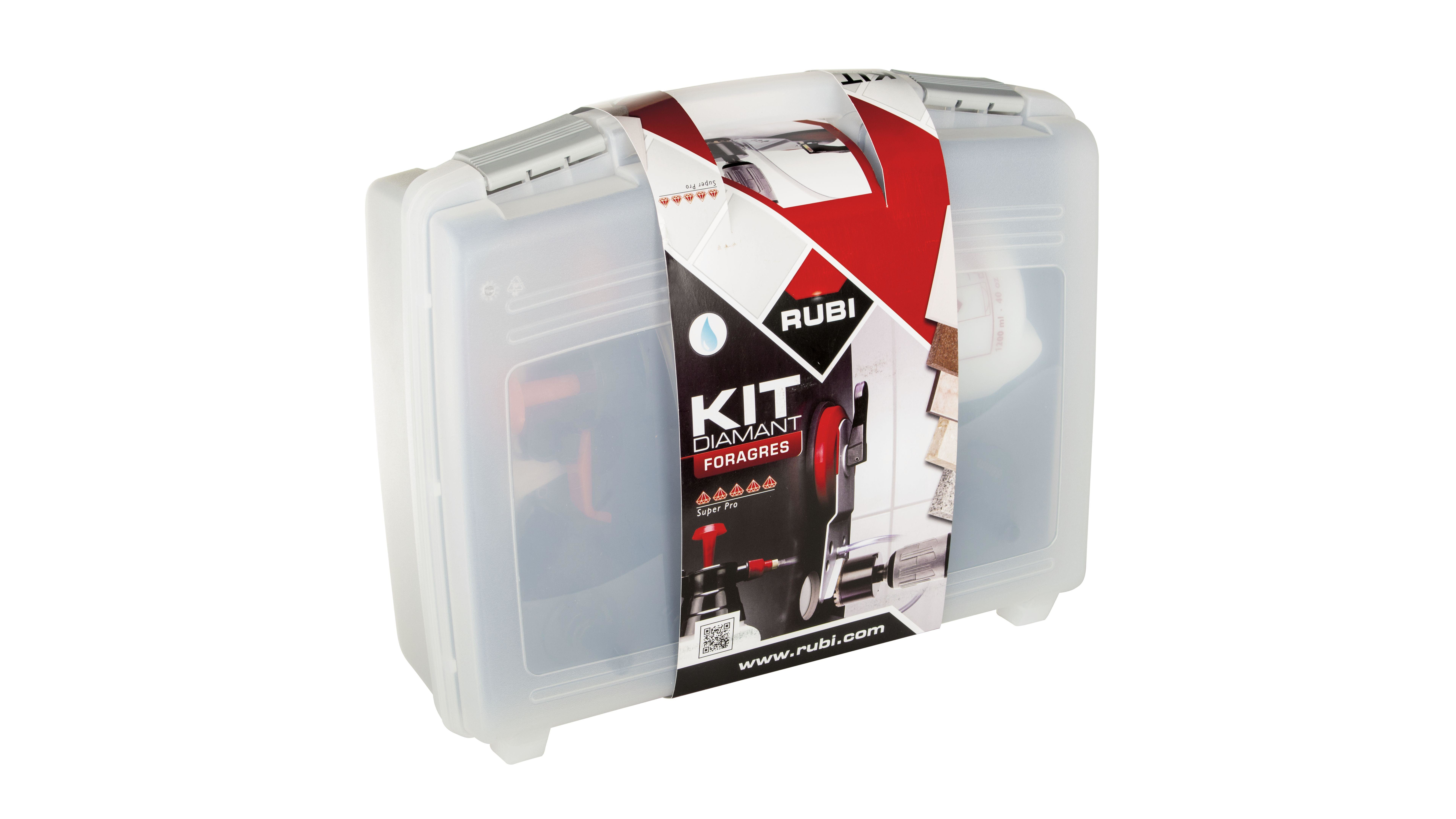 Caja transparente con brocas y etiqueta roja y blanca con asa.