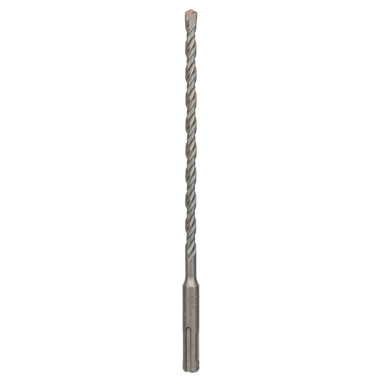 Una punta da trapano lunga e argentata con un albero a spirale e una testa per forare materiali duri.