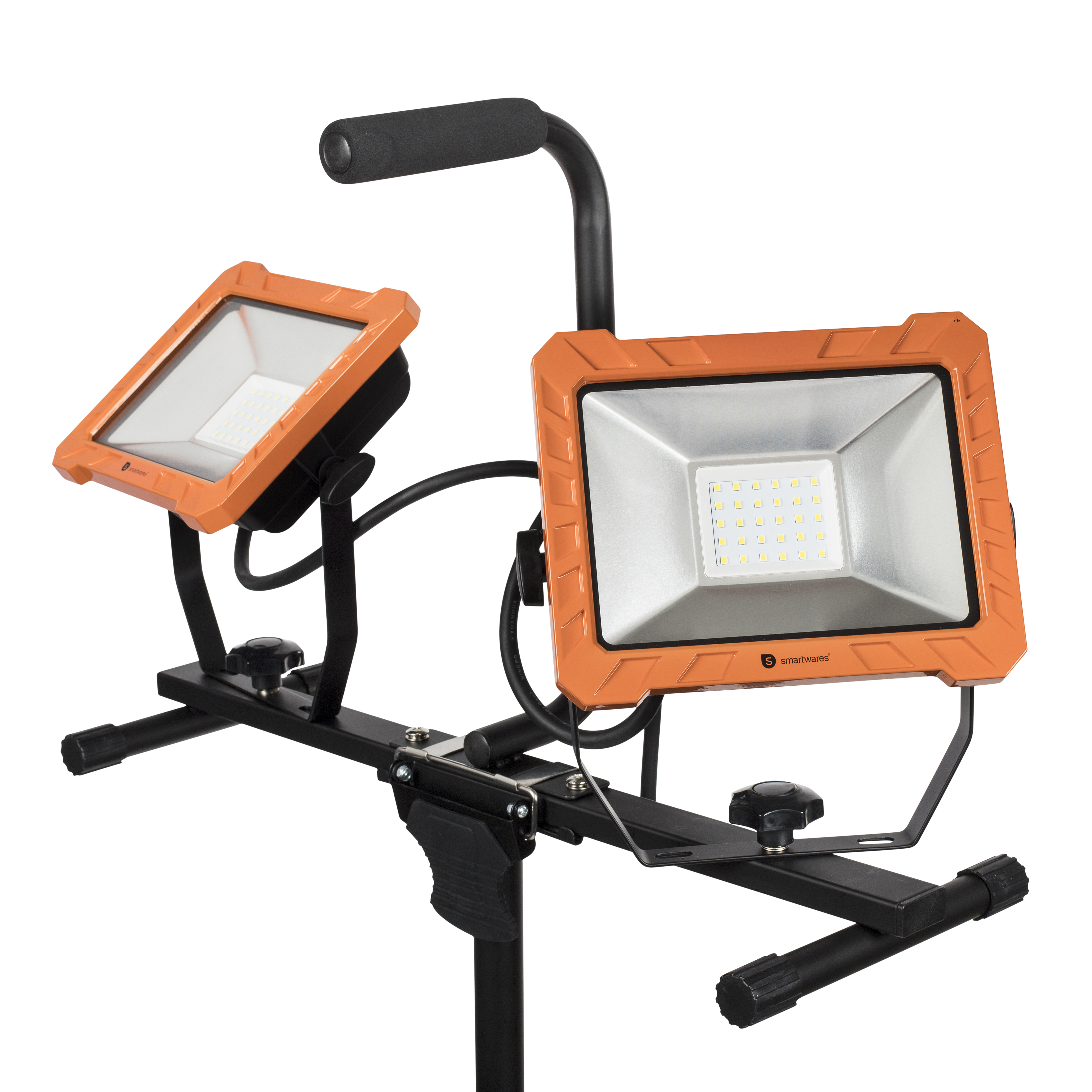 Schwarzer Ständer mit zwei orangefarbenen Lichtern. Weißer Hintergrund.