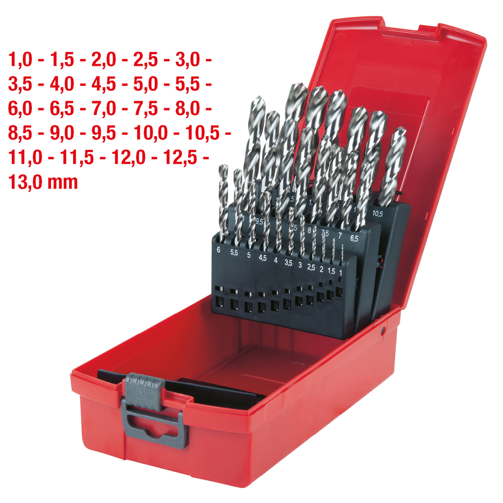 Roter Koffer mit Bohrer verschiedener Größen, Größen sind aufgelistet.