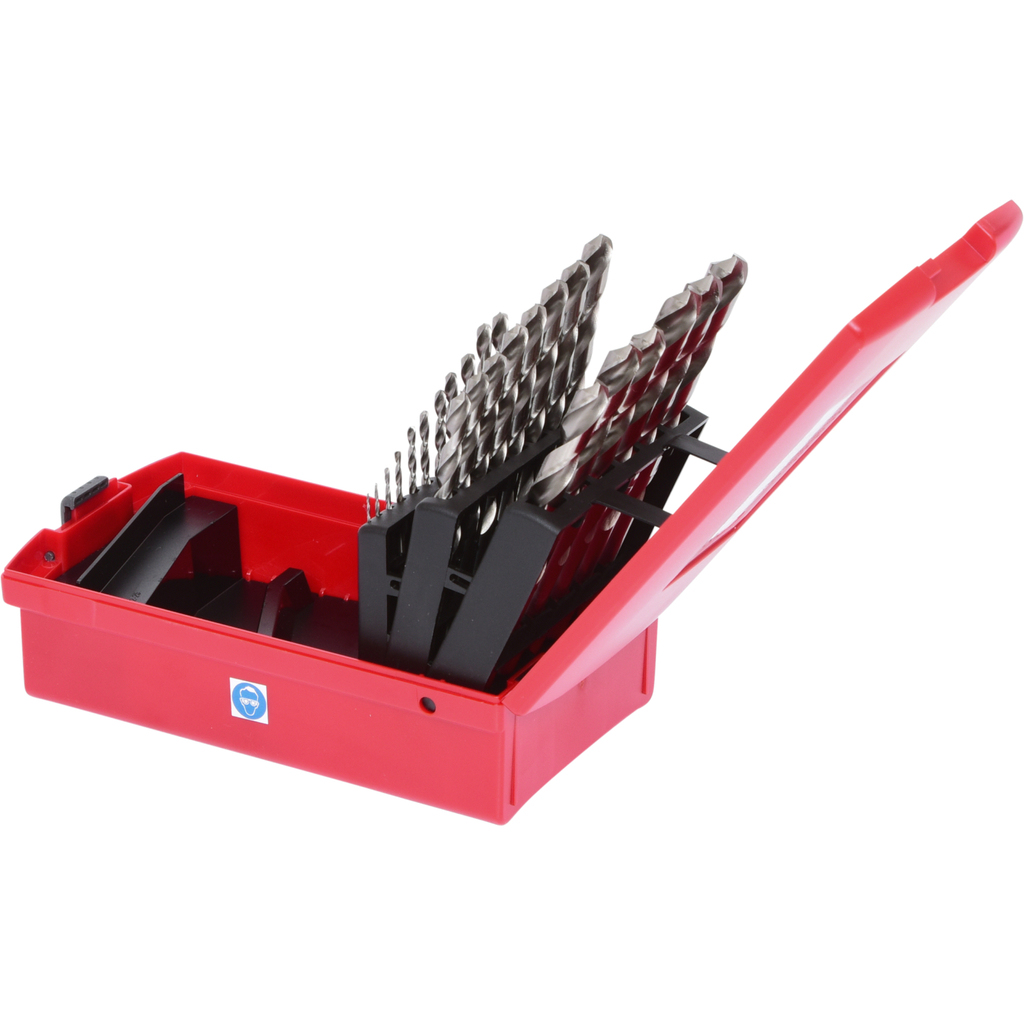 Rote Werkzeugkiste mit Bohrern. Die Box ist offen.