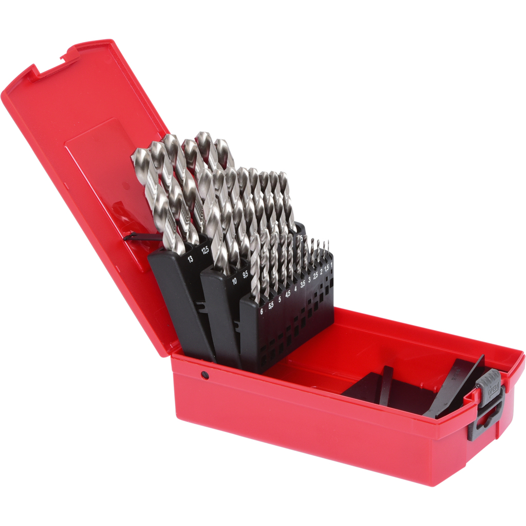 Rote Werkzeugkiste mit einem Set Bohrer, ordentlich angeordnet. Die Box ist geöffnet.
