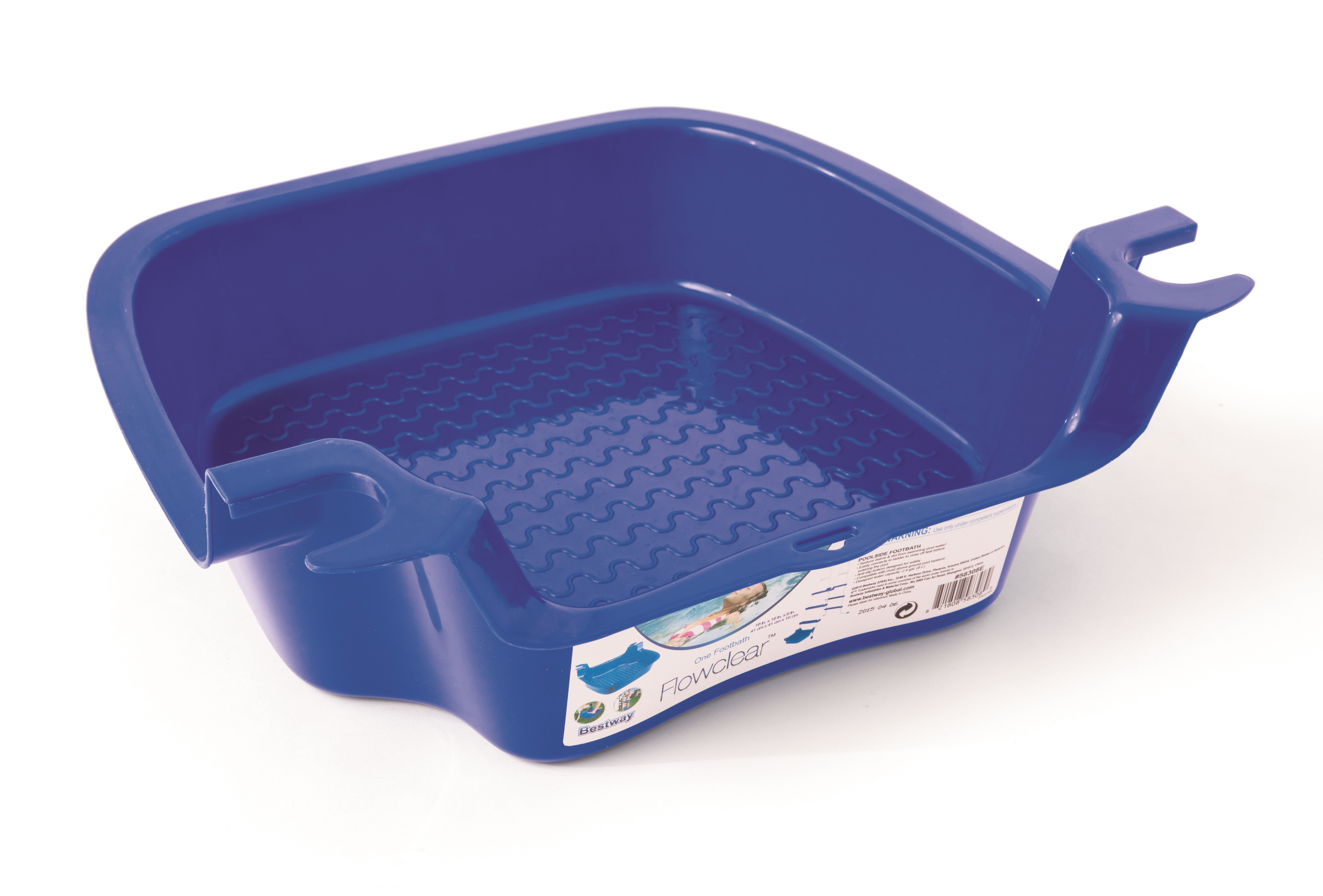 Blauwe plastic voetbad, met een golvend patroon aan de onderkant en handvatten. Witte achtergrond.