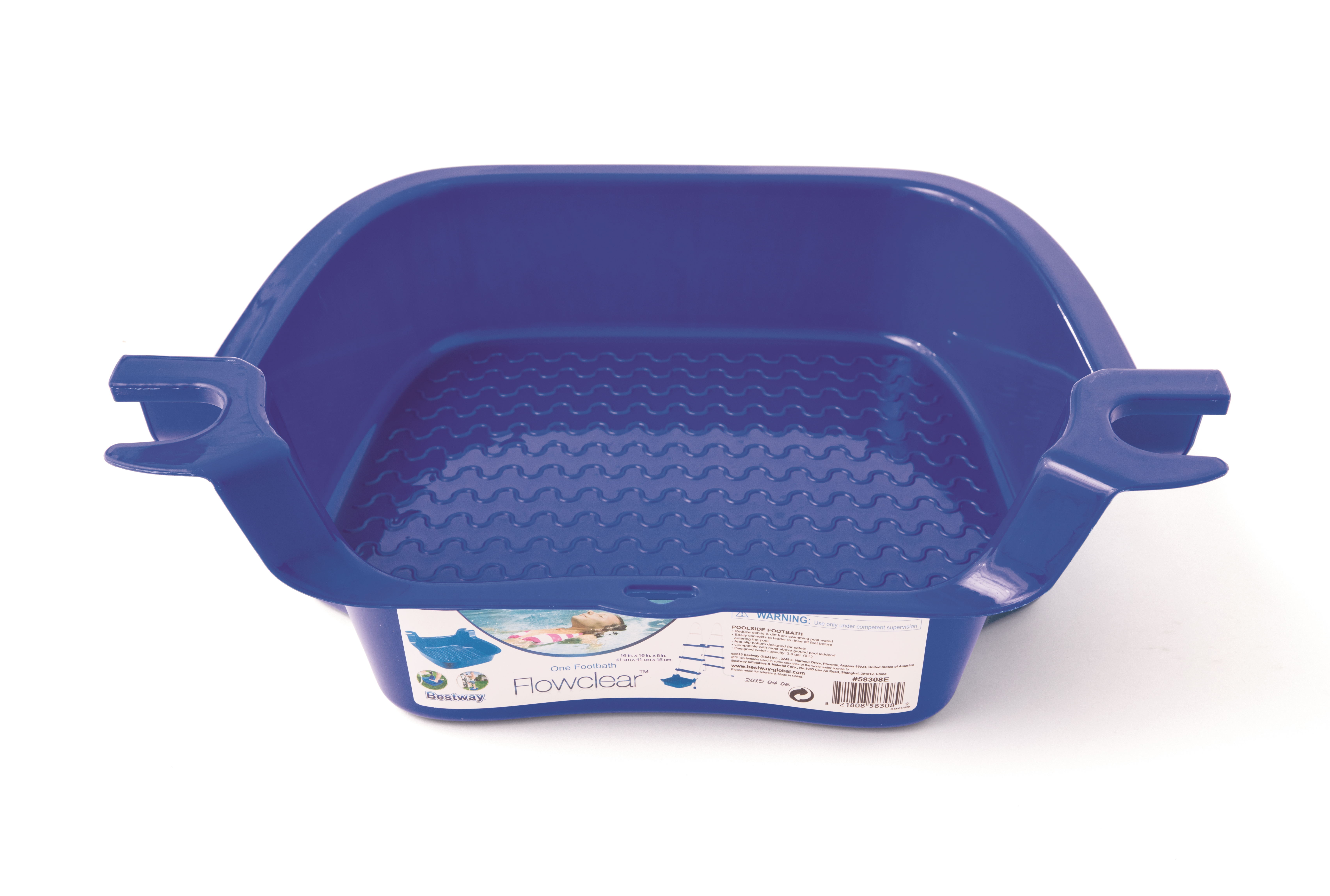 Blauwe plastic voetbad met een golvend patroon, handvatten en label. Witte achtergrond.