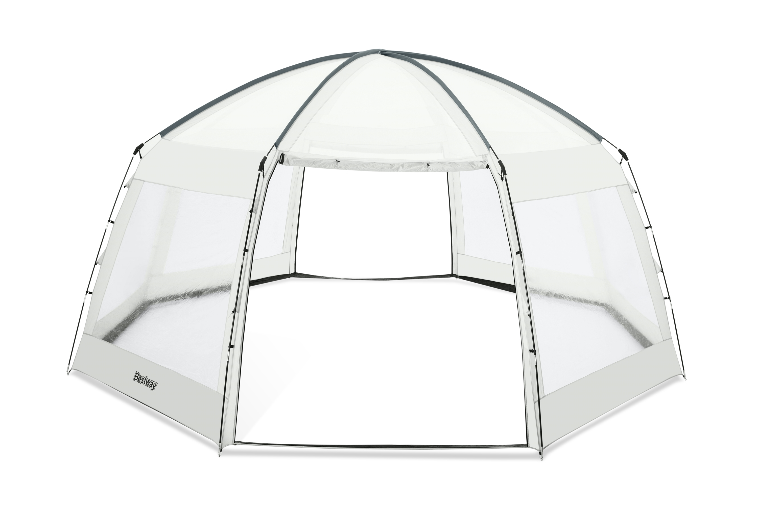 Tenda esagonale bianca con lati trasparenti e tetto grigio. Isolato su bianco.