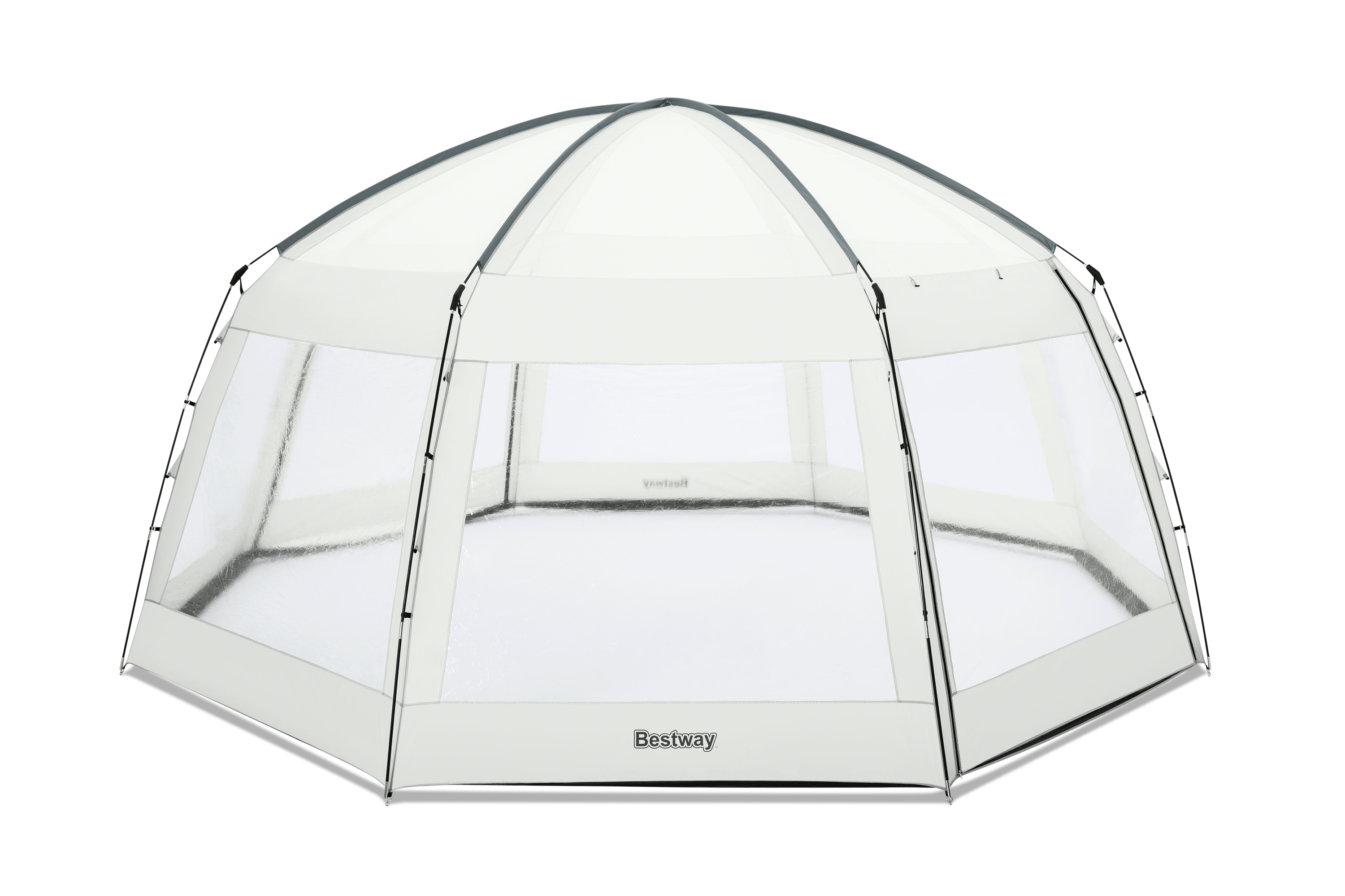 Tenda esagonale bianca con lati trasparenti e tetto grigio. Isolato su sfondo bianco.