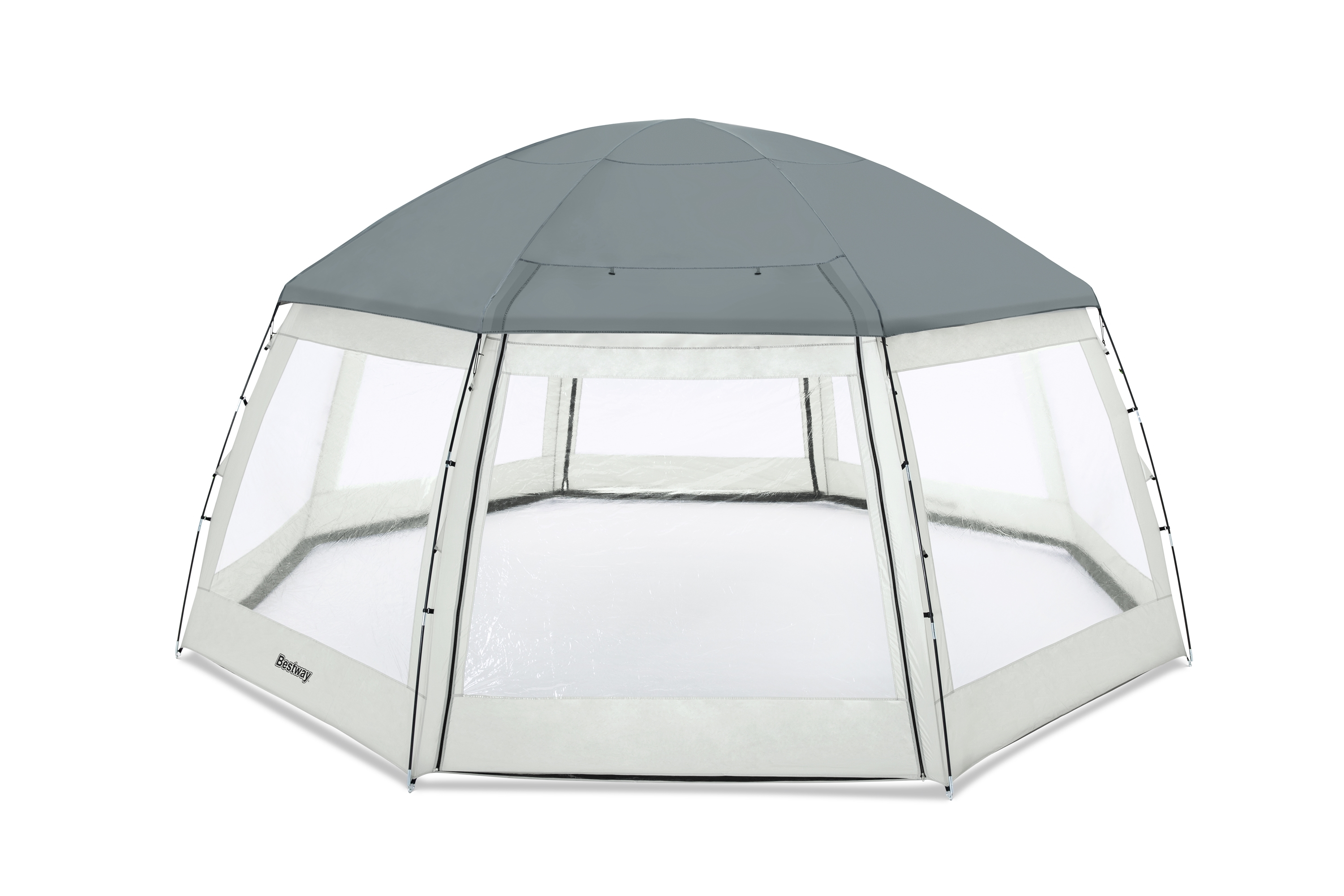 Tenda esagonale bianca con lati trasparenti e tetto grigio. Lo sfondo è bianco.