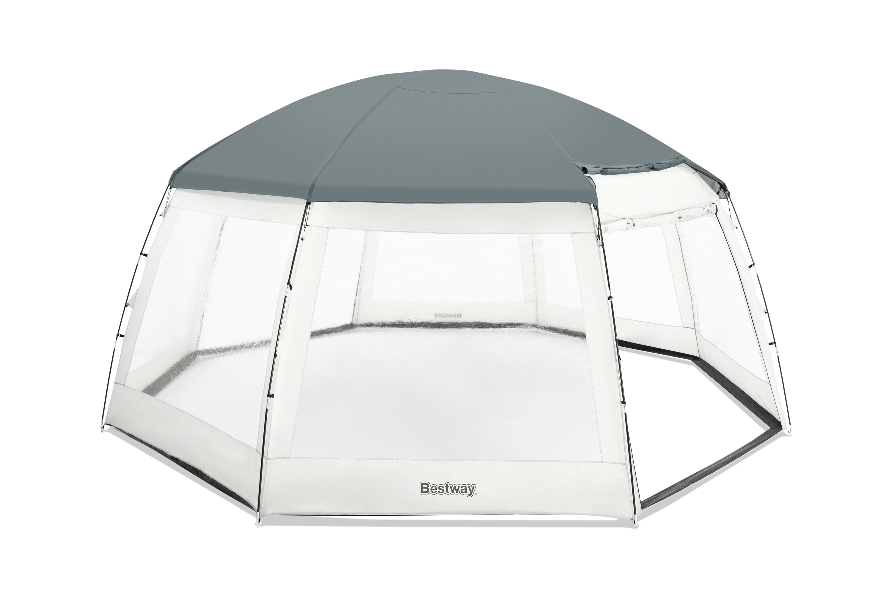 Tenda esagonale bianca con lati trasparenti e tetto grigio. Isolato su sfondo bianco.