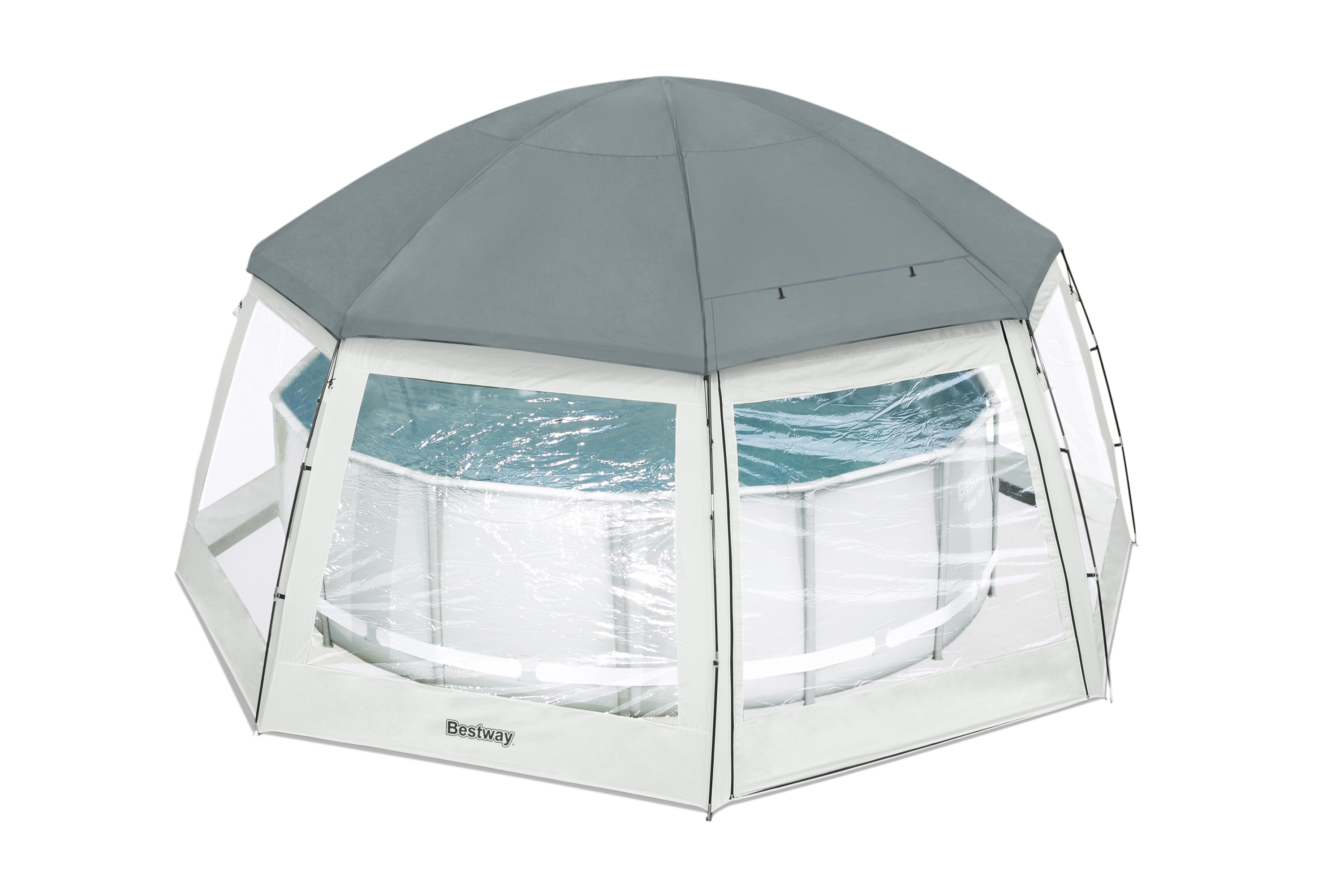 Tenda da piscina grigia con lati trasparenti sopra una piscina. Il marchio Bestway è visibile.