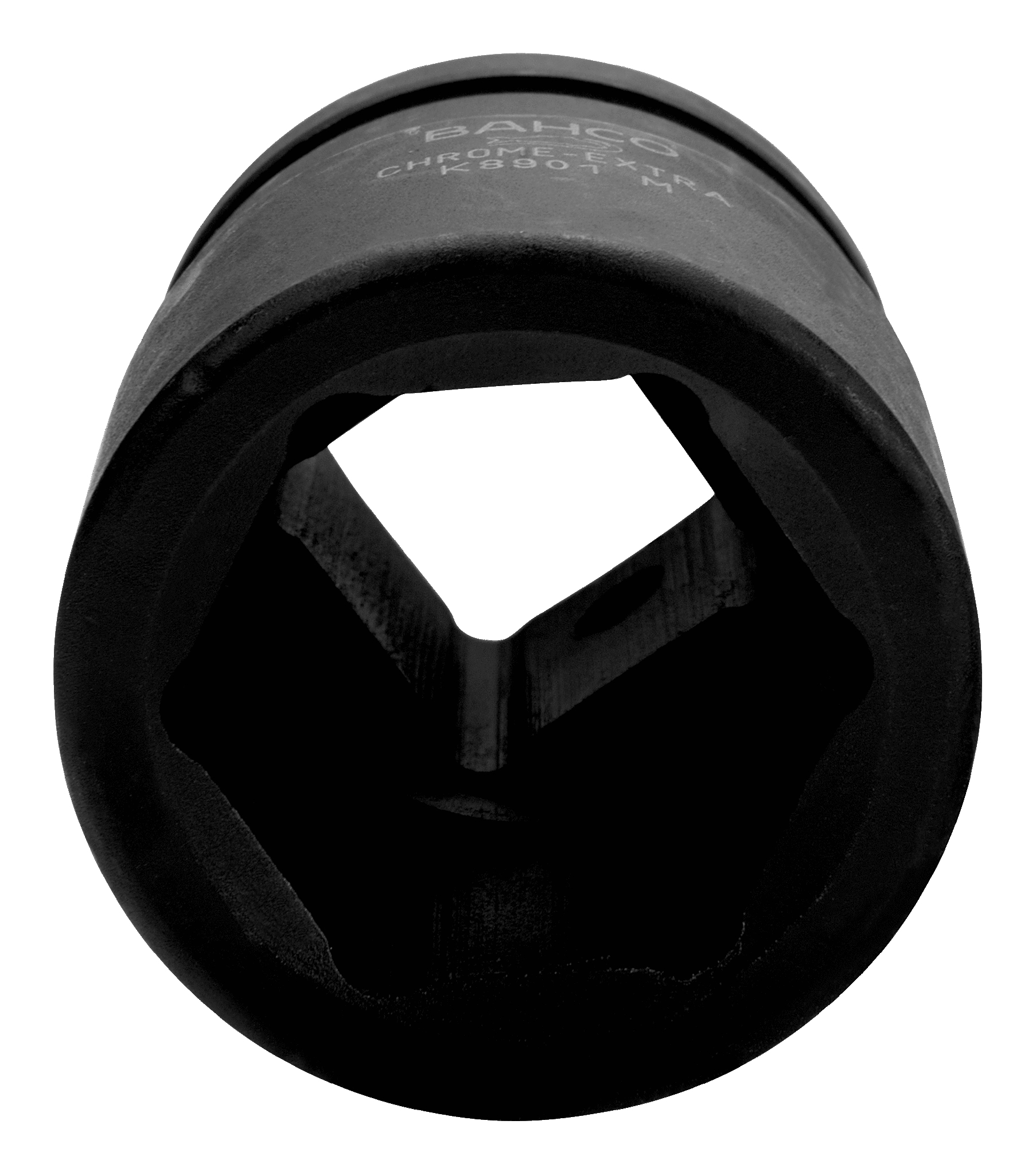 Llave de vaso metálica negra con abertura cuadrada. Fondo blanco.