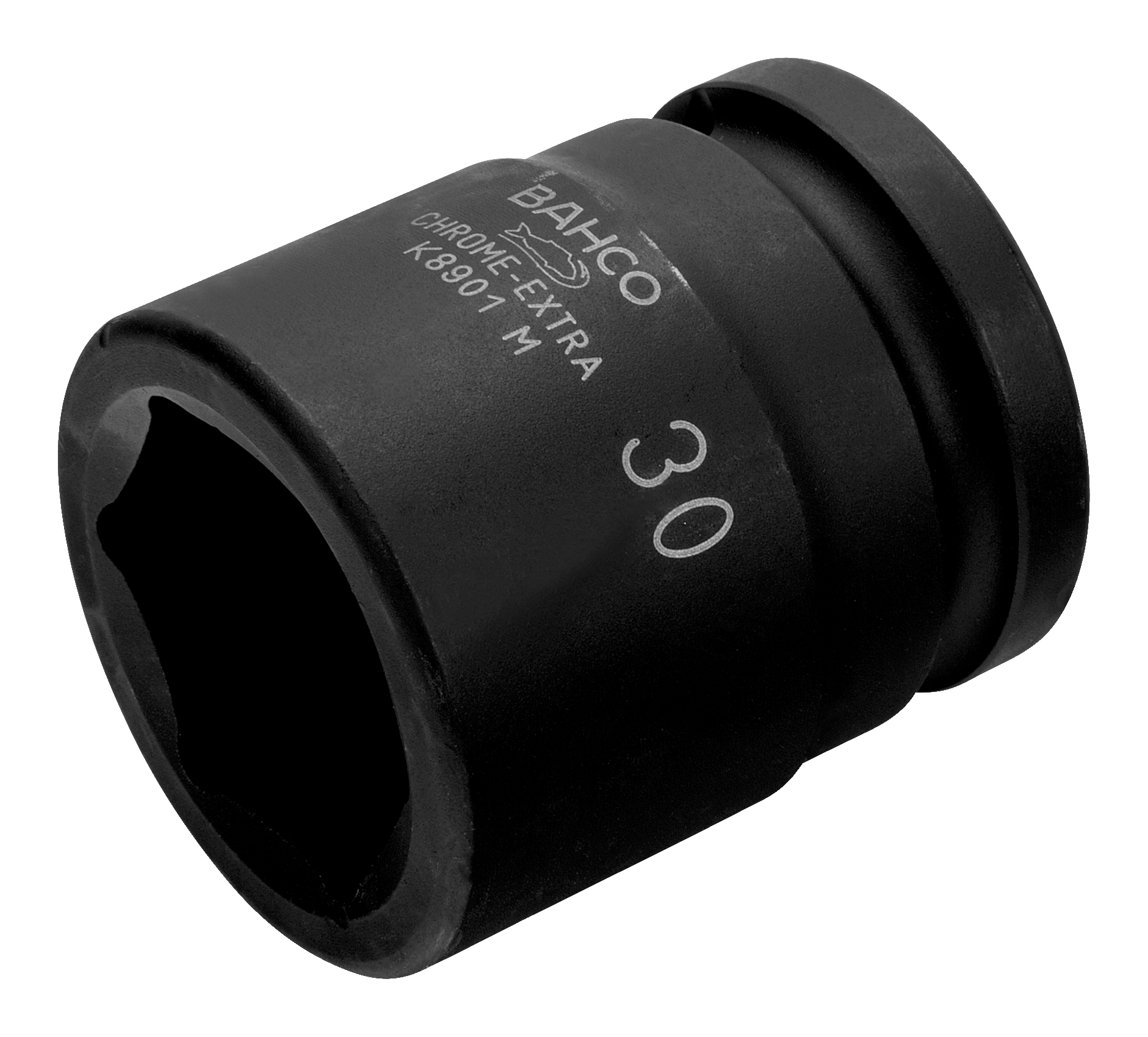 Llave de vaso metálica negra con texto blanco. El número '30' es visible.