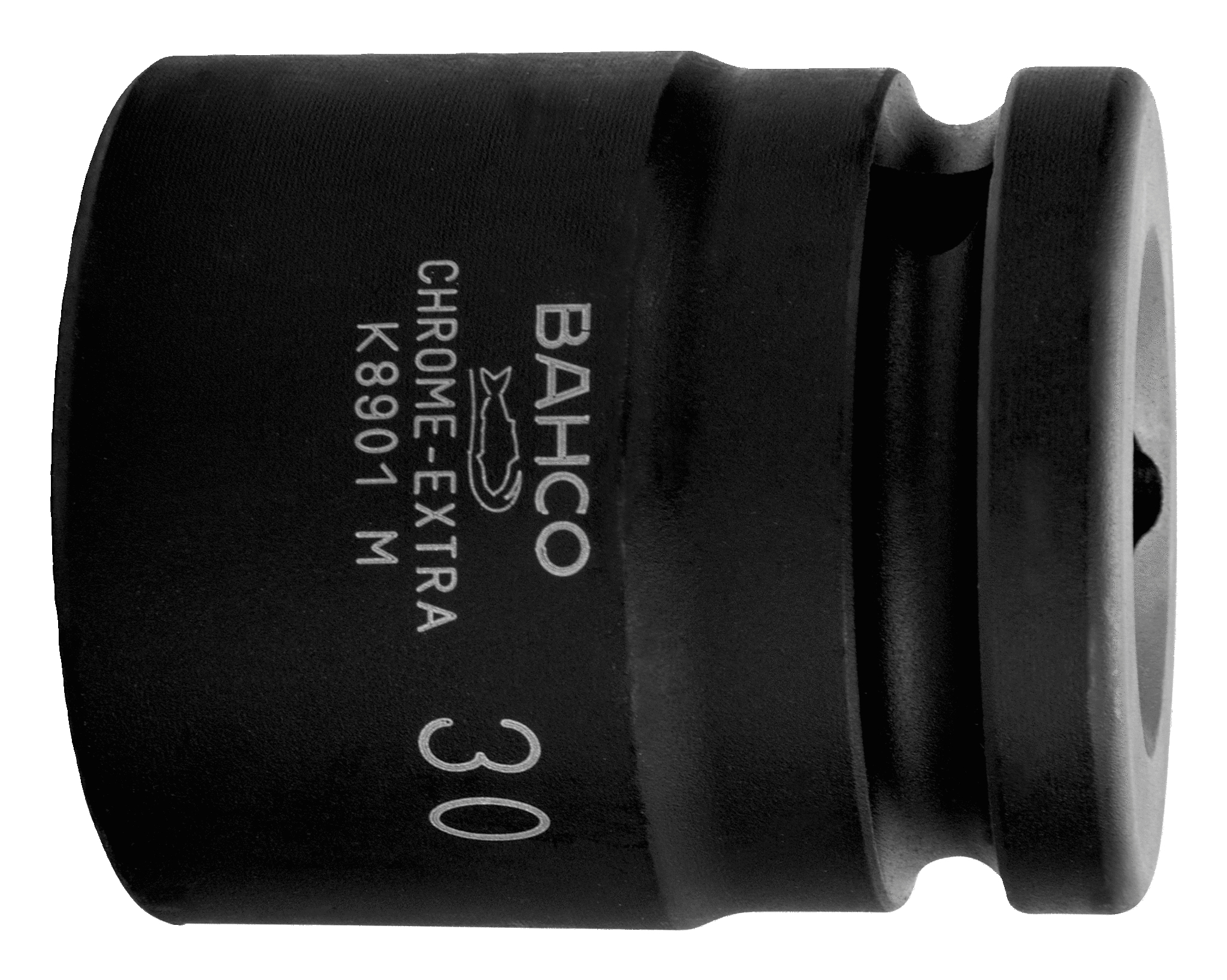 Llave de vaso metálica negra con texto blanco. El número '30' es visible.