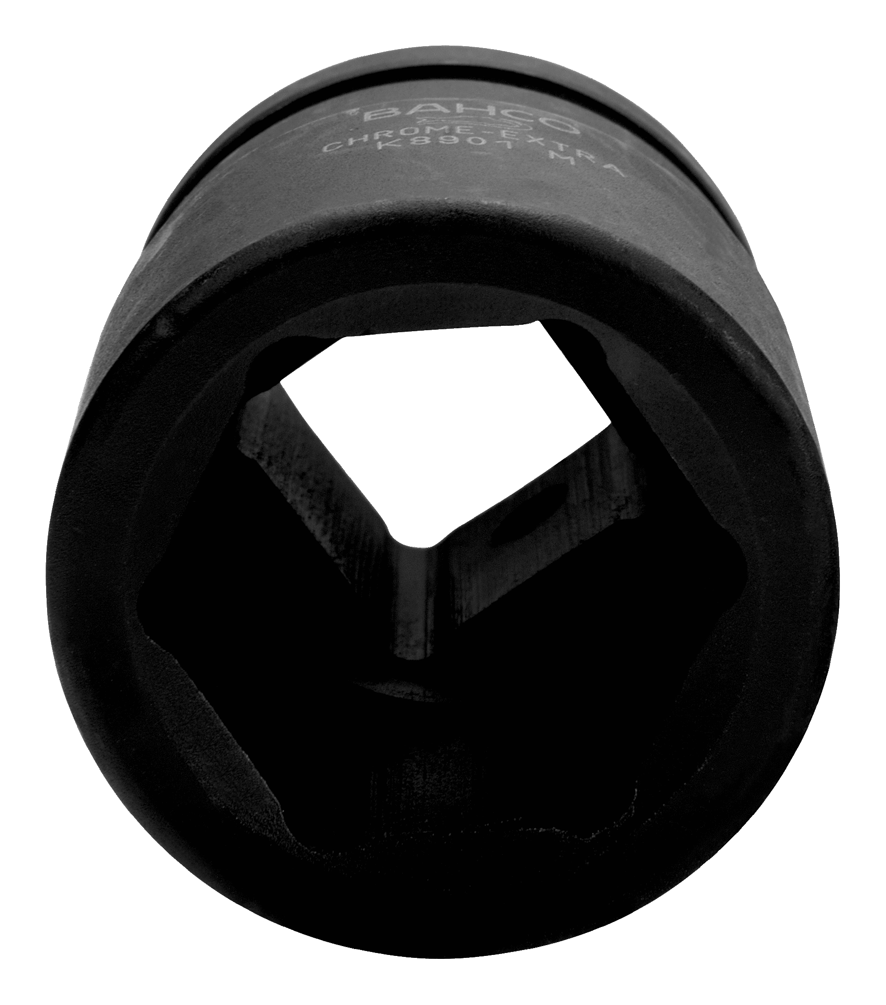 Llave de vaso metálica negra con abertura cuadrada. Fondo blanco.