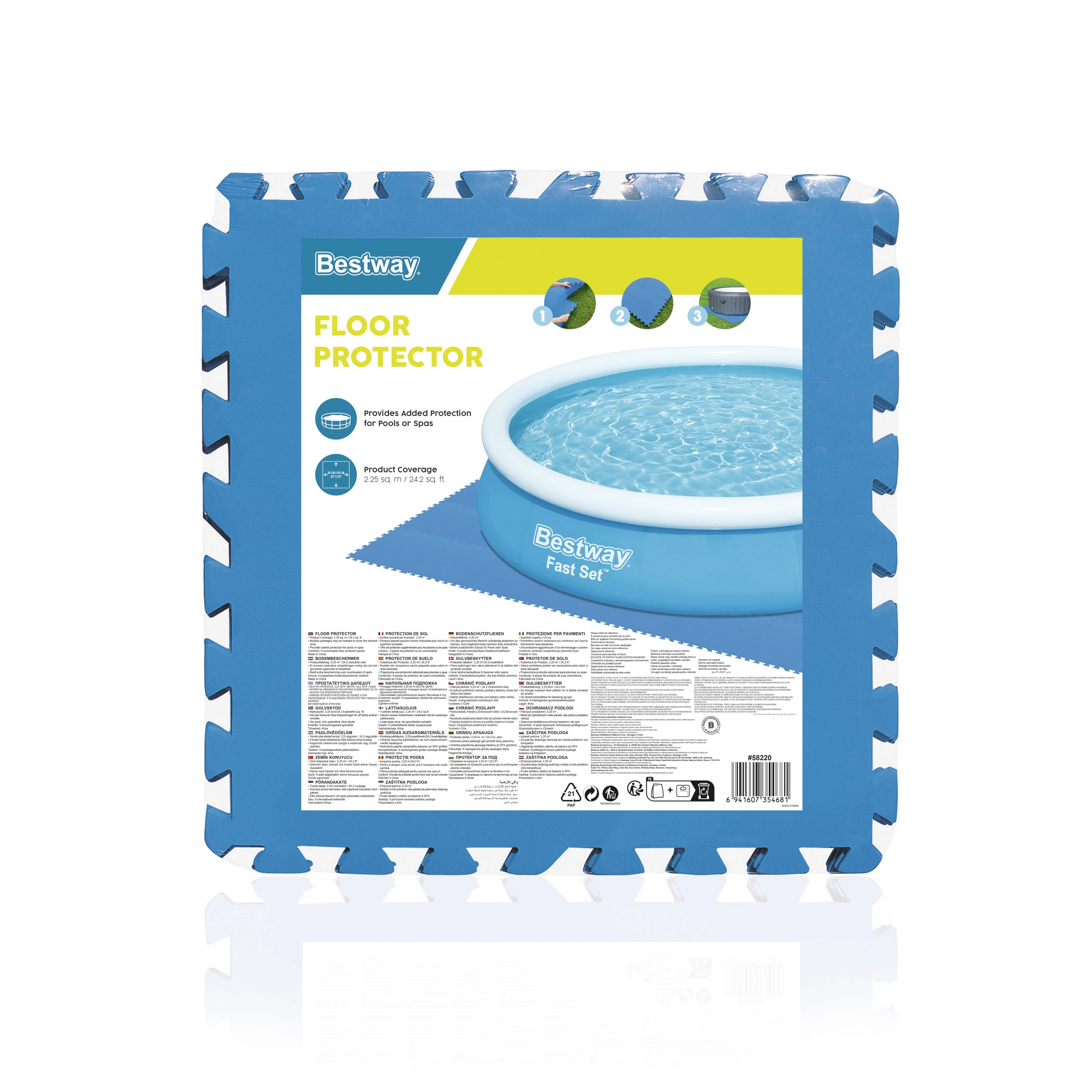 Esterilla protectora de suelo azul con el logo de Bestway. Una imagen de una piscina con instrucciones.