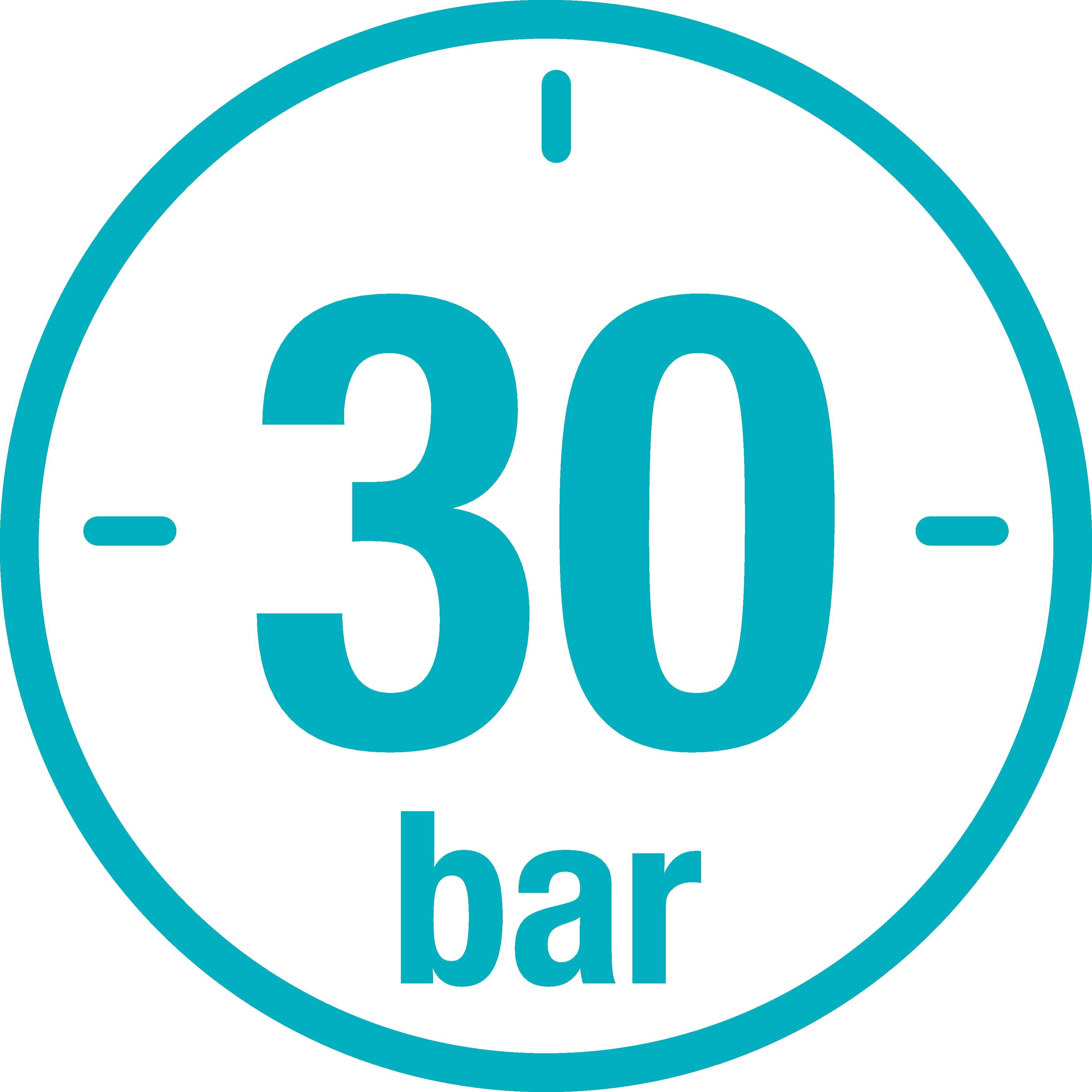 Ein kreisförmiges Symbol mit blauem Umriss und dem Text "30 bar" im Inneren, das eine Druckmessung anzeigt.