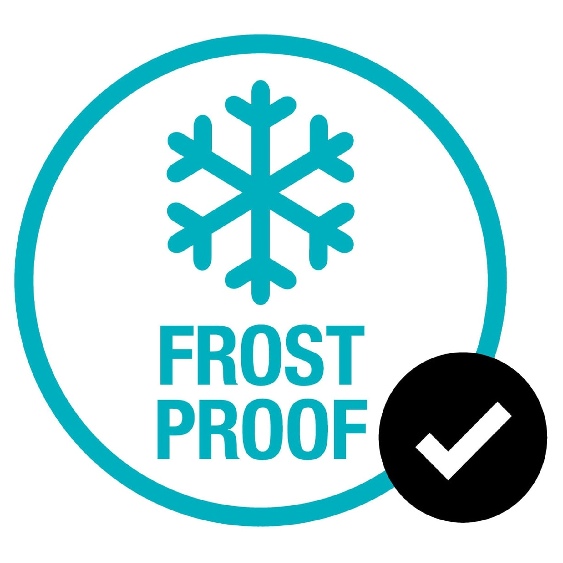 Círculo azul con copo de nieve y FROST PROOF. Una marca de verificación en círculo negro.
