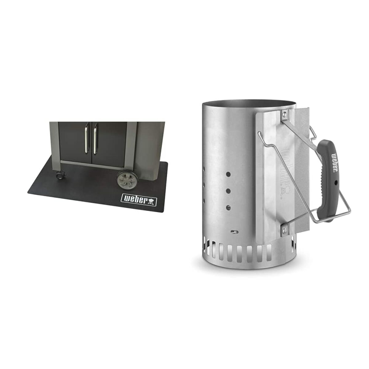 Srebrny komin do węgla drzewnego z czarnym uchwytem, obok czarnej maty i grilla.