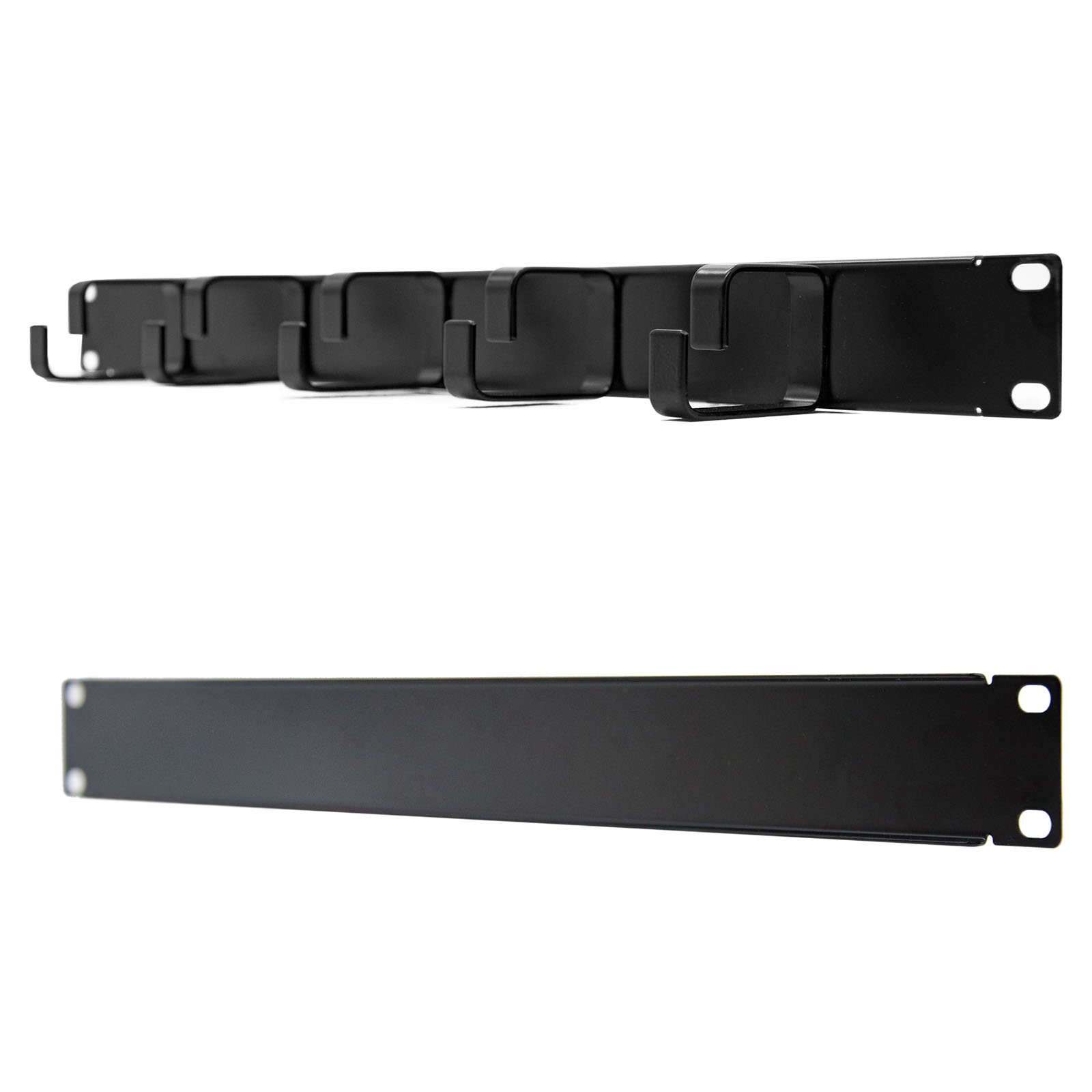 Soporte de rack negro con ganchos sobre fondo blanco.