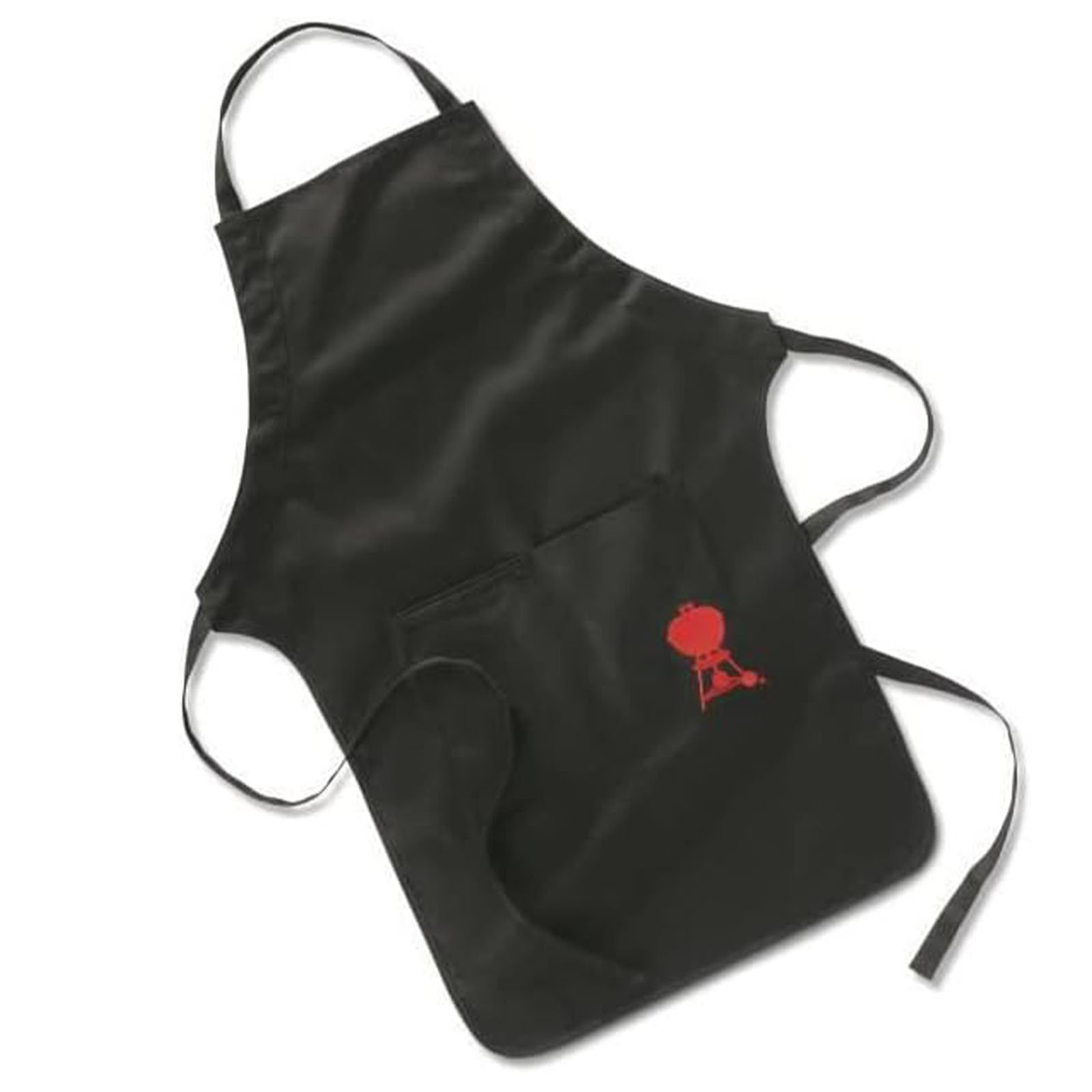Czarny fartuch z kieszenią i czerwonym logo grilla. Ma wiązania i pasek na szyję.