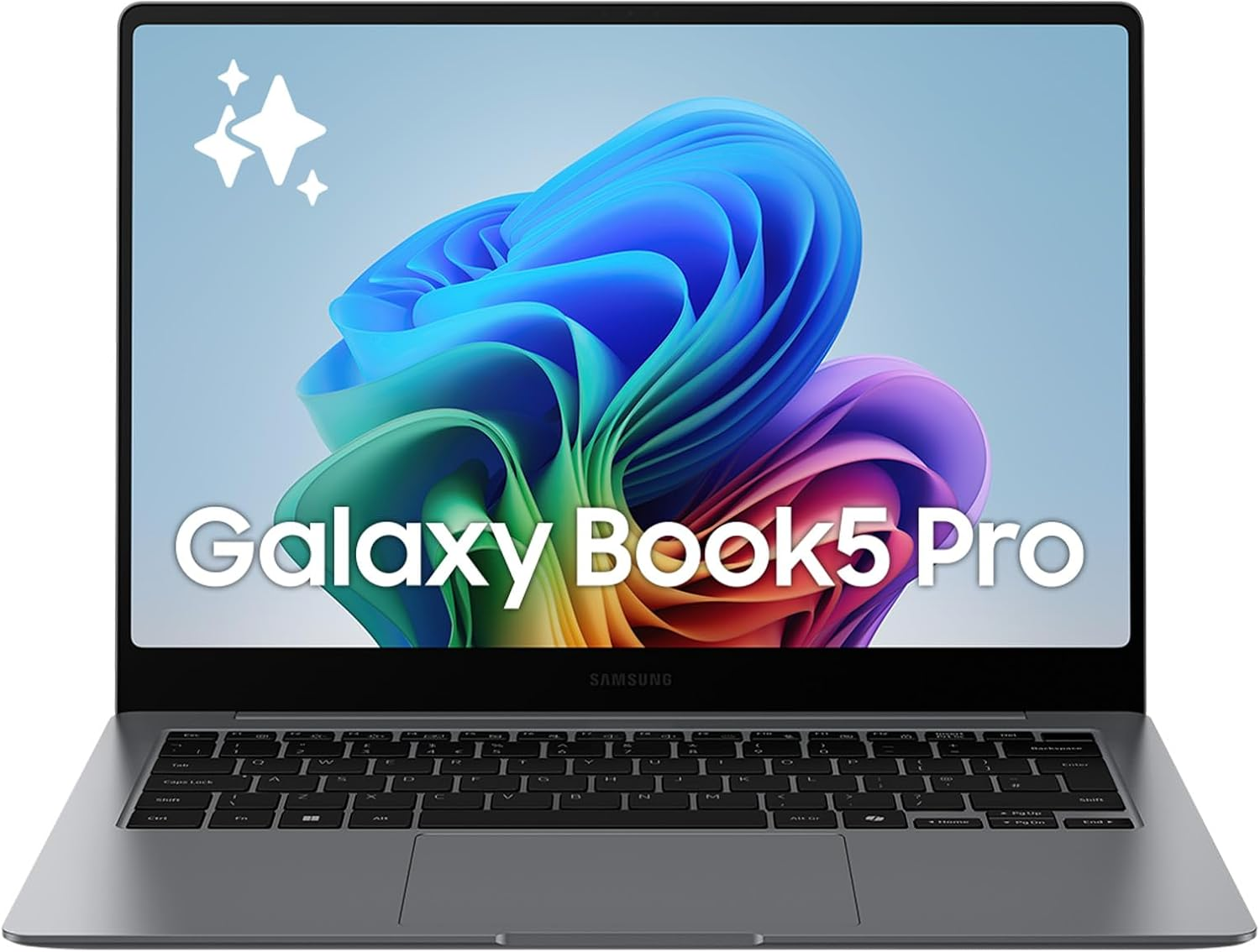 Un laptop argentato con schermo colorato che mostra 'Galaxy Book5 Pro'. Il logo Samsung è visibile.