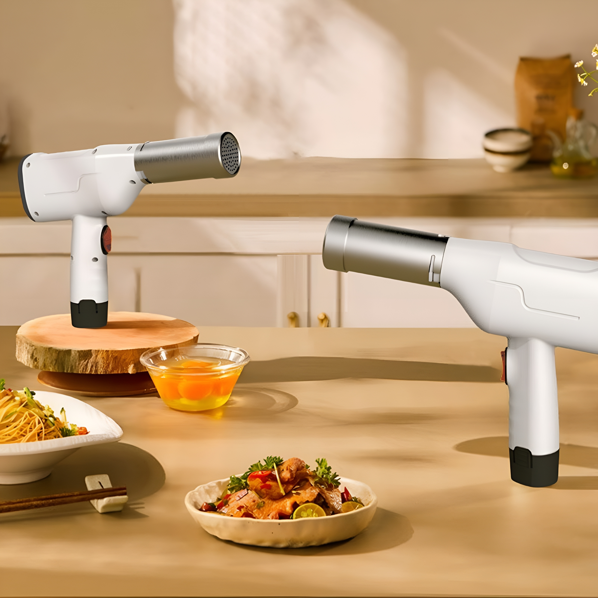 Zwei weiße Food-Guns auf einem Holztisch. Essen auf Tellern und Zutaten in einer Schüssel. Warmes Licht.